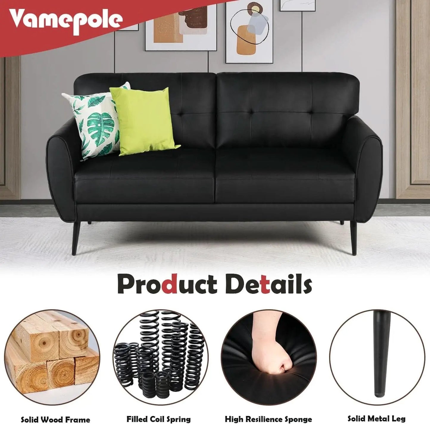 Mid Century Modern Black Loveseat Sofa for Small Spaces from PriceLows™