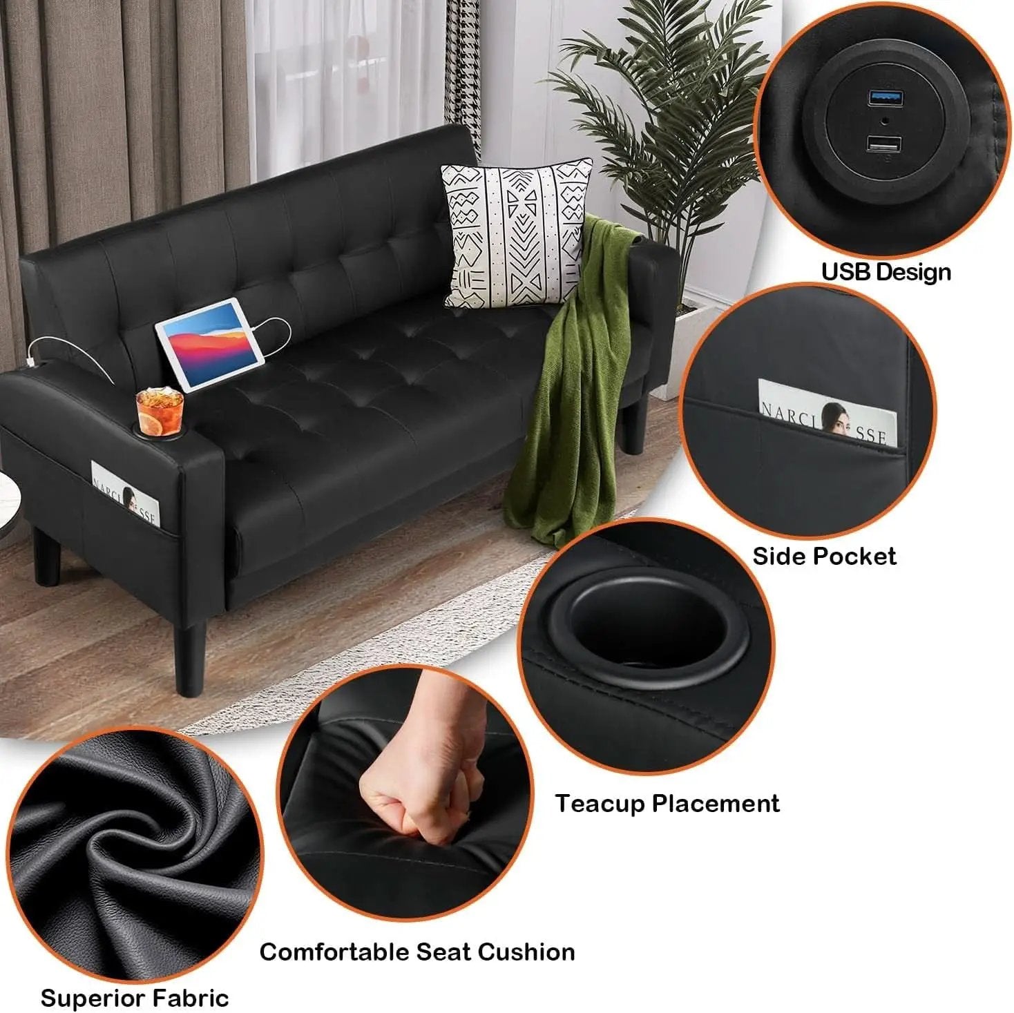 Mid-Century Modern Loveseat with USB Ports and Cup Holders from PriceLows™
