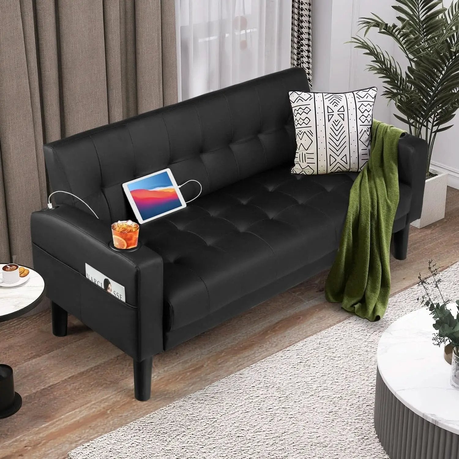 Mid-Century Modern Loveseat with USB Ports and Cup Holders from PriceLows™