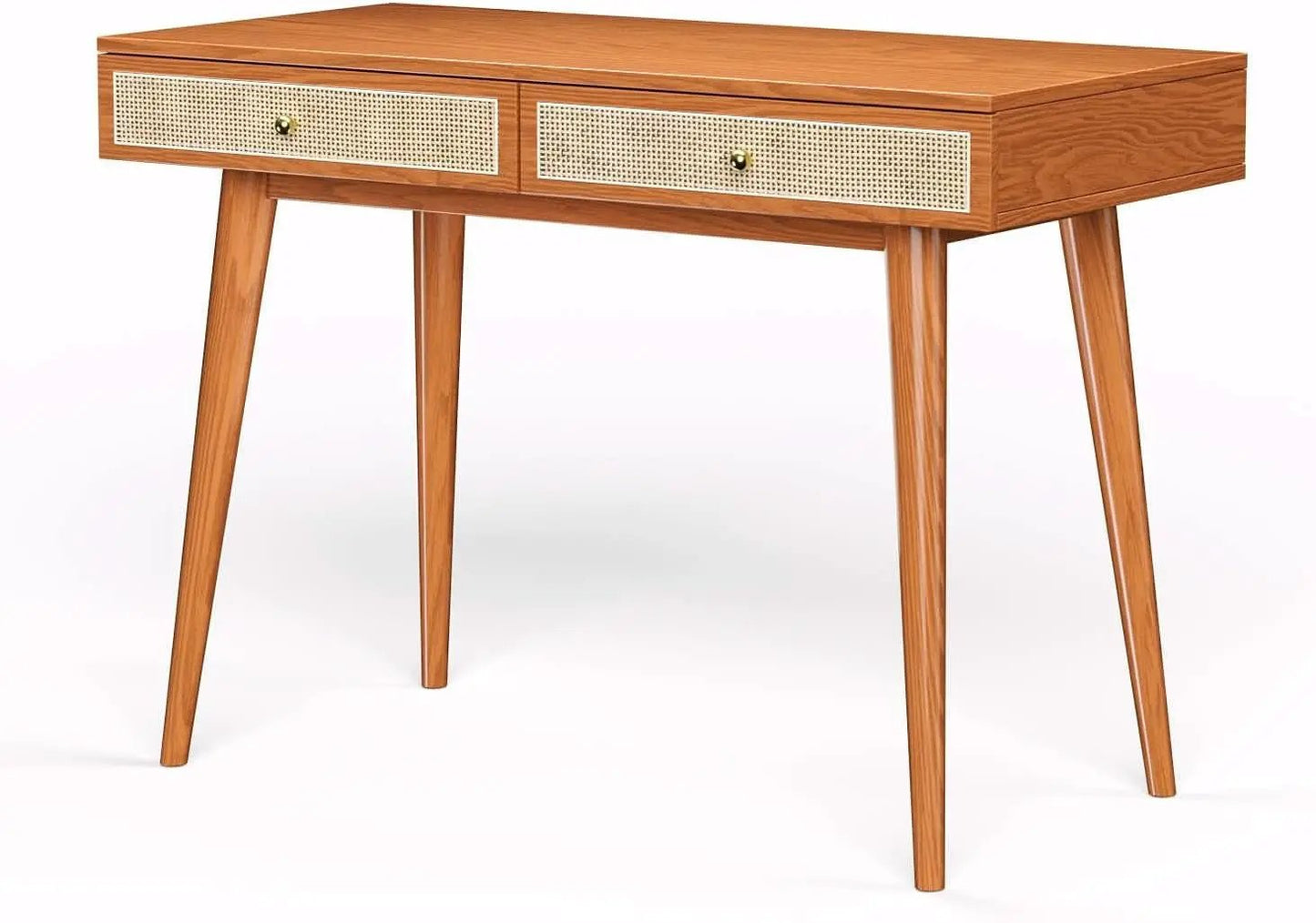 Mid Century Modern Solid Wood Desk With Drawers 45 Inch Rattan Writing Desk from PriceLows™