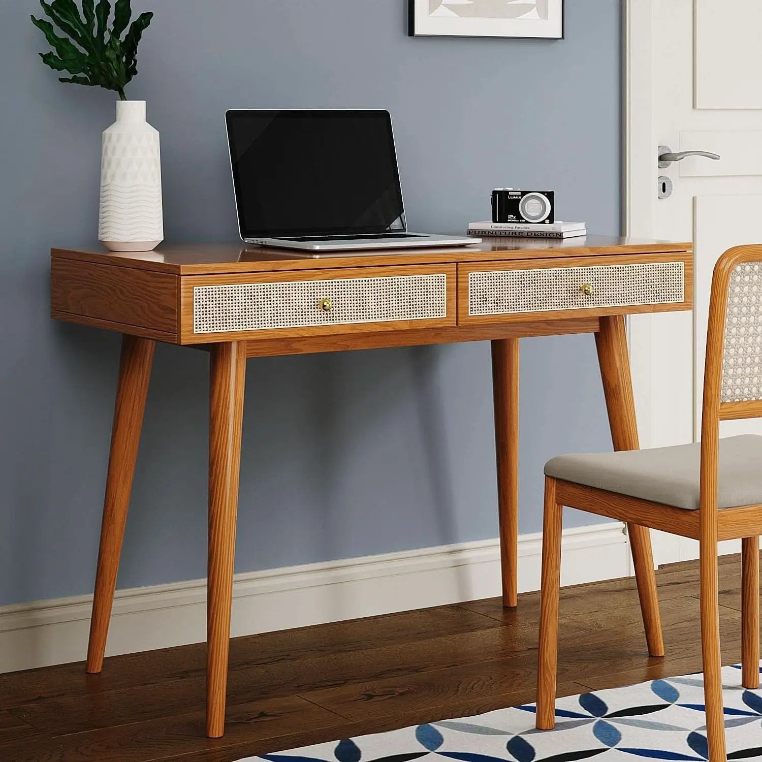 Mid Century Modern Solid Wood Desk With Drawers 45 Inch Rattan Writing Desk from PriceLows™
