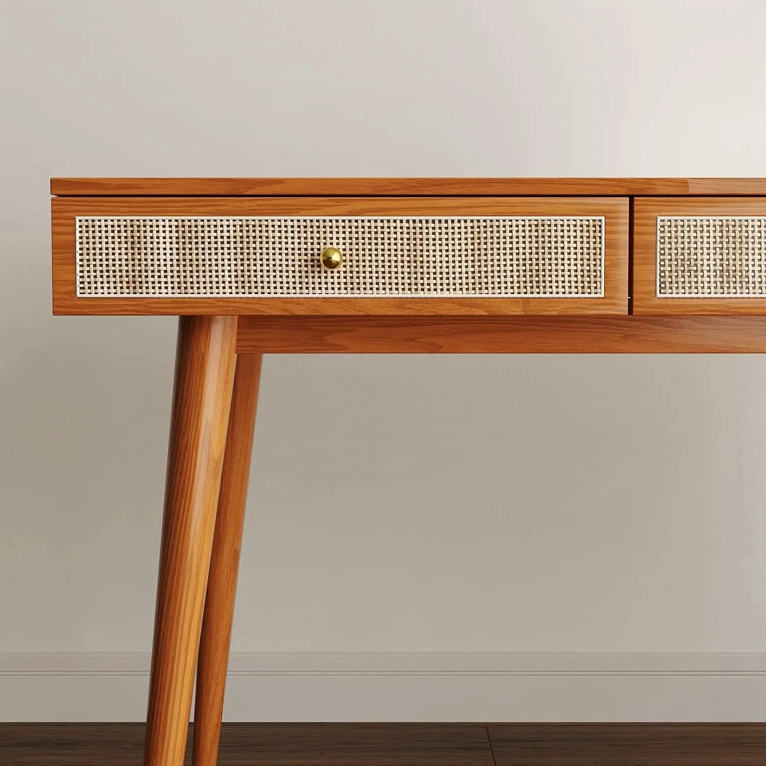 Mid Century Modern Solid Wood Desk With Drawers 45 Inch Rattan Writing Desk from PriceLows™