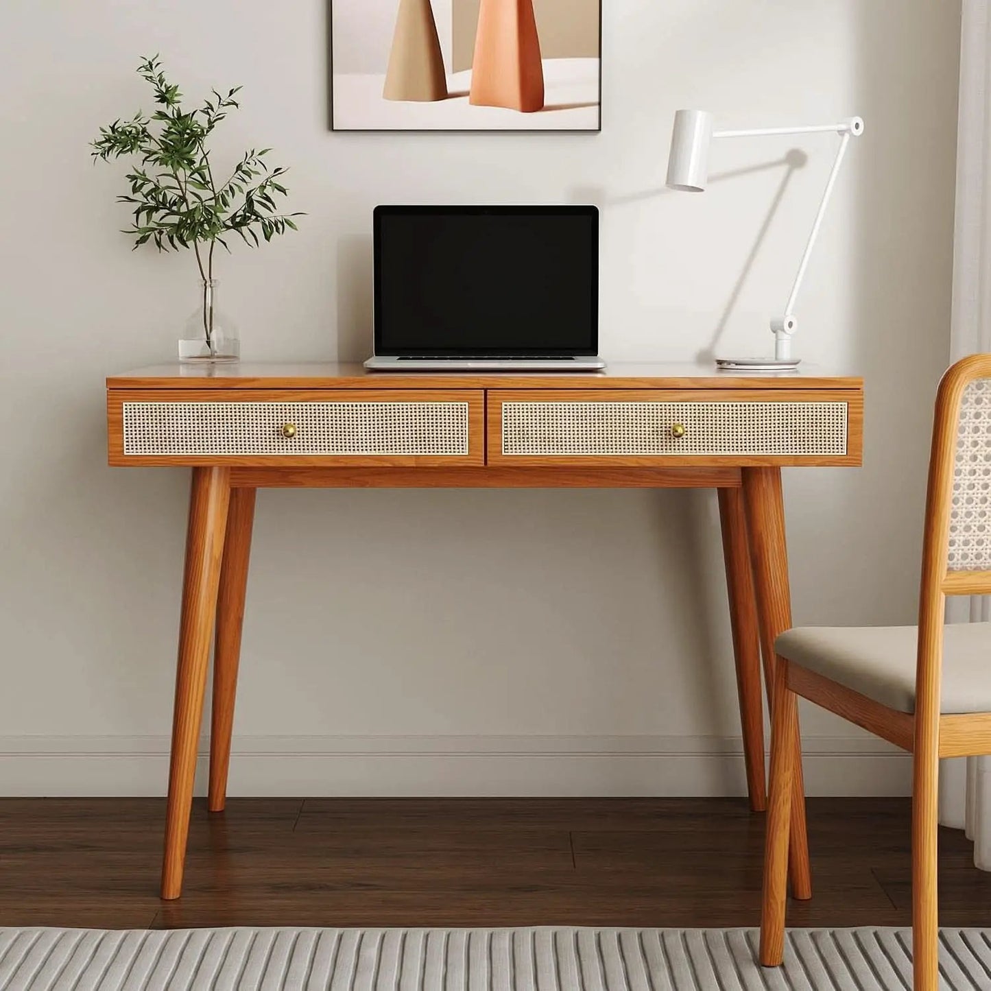 Mid Century Modern Solid Wood Desk With Drawers 45 Inch Rattan Writing Desk from PriceLows™