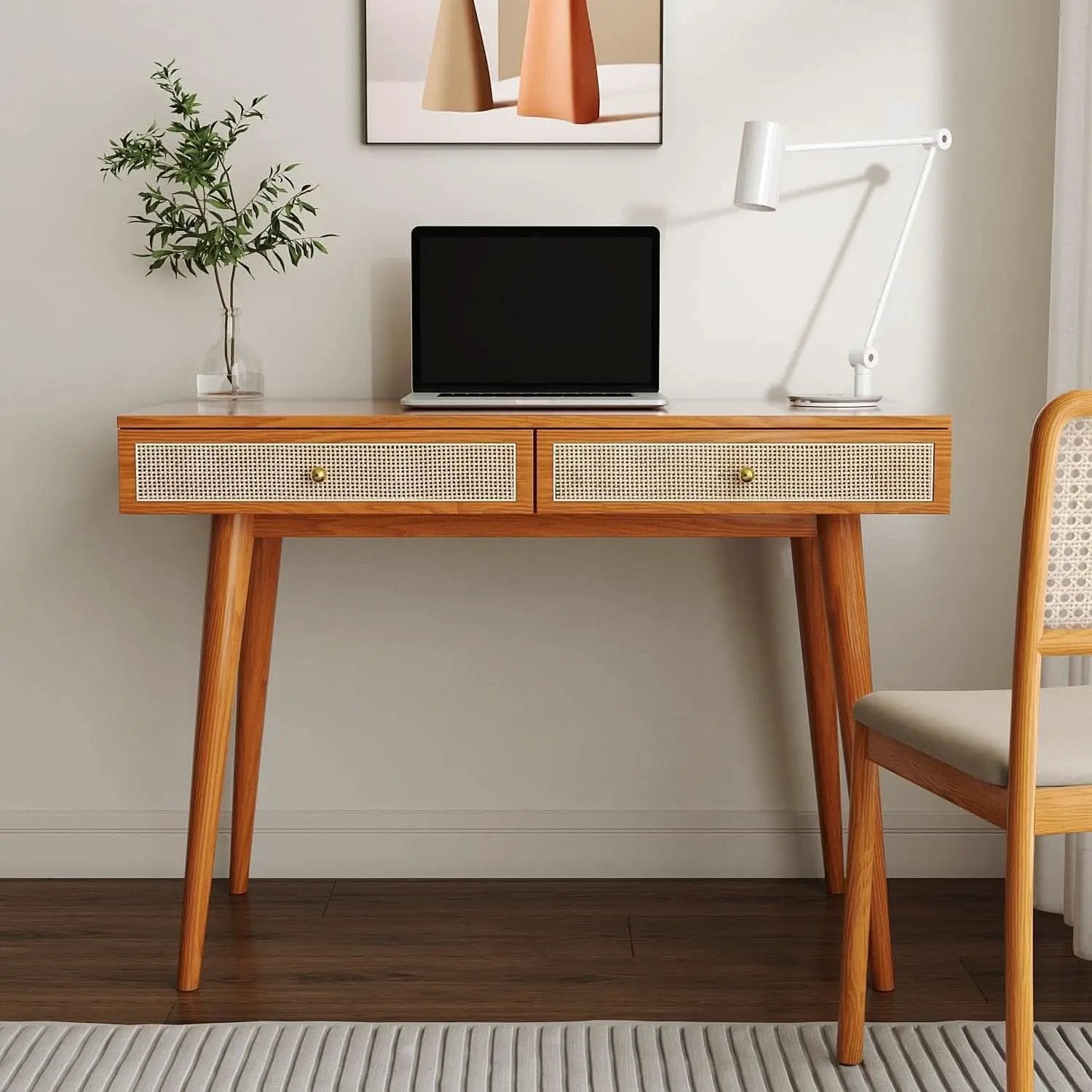 Mid Century Modern Solid Wood Desk With Drawers 45 Inch Rattan Writing Desk from PriceLows™