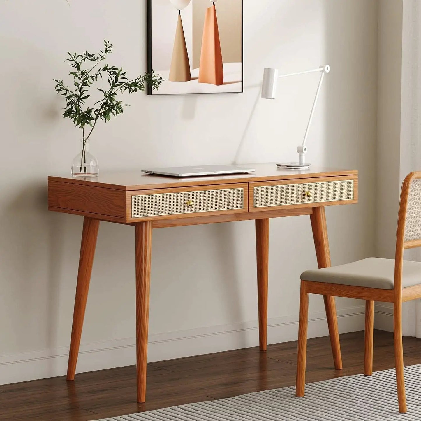 Mid Century Modern Solid Wood Desk With Drawers 45 Inch Rattan Writing Desk from PriceLows™