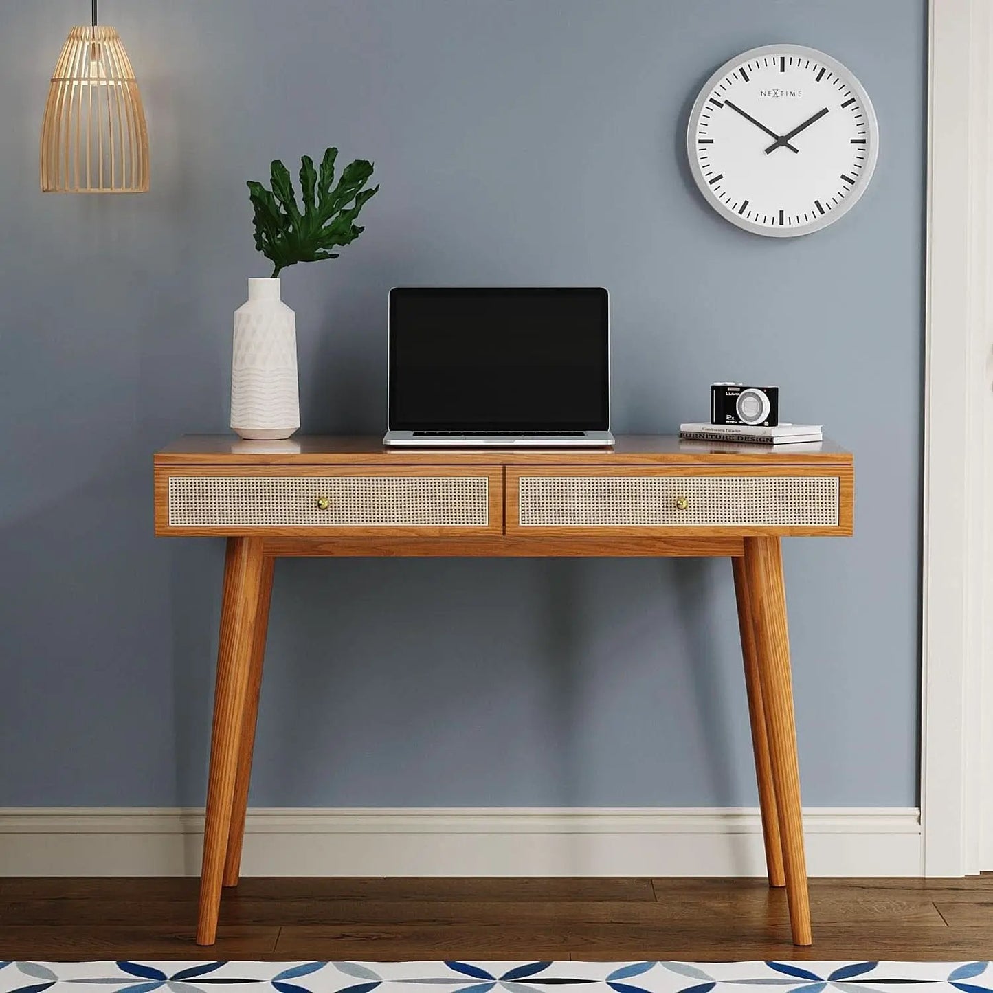 Mid Century Modern Solid Wood Desk With Drawers 45 Inch Rattan Writing Desk from PriceLows™