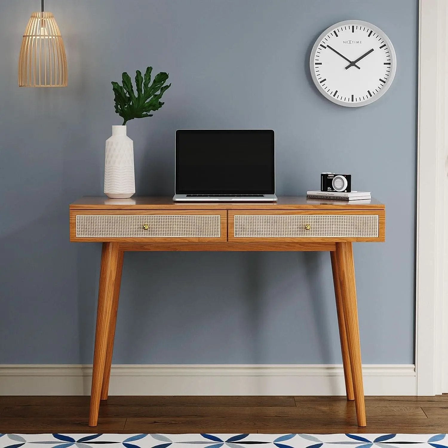 Mid Century Modern Solid Wood Desk With Drawers 45 Inch Rattan Writing Desk from PriceLows™