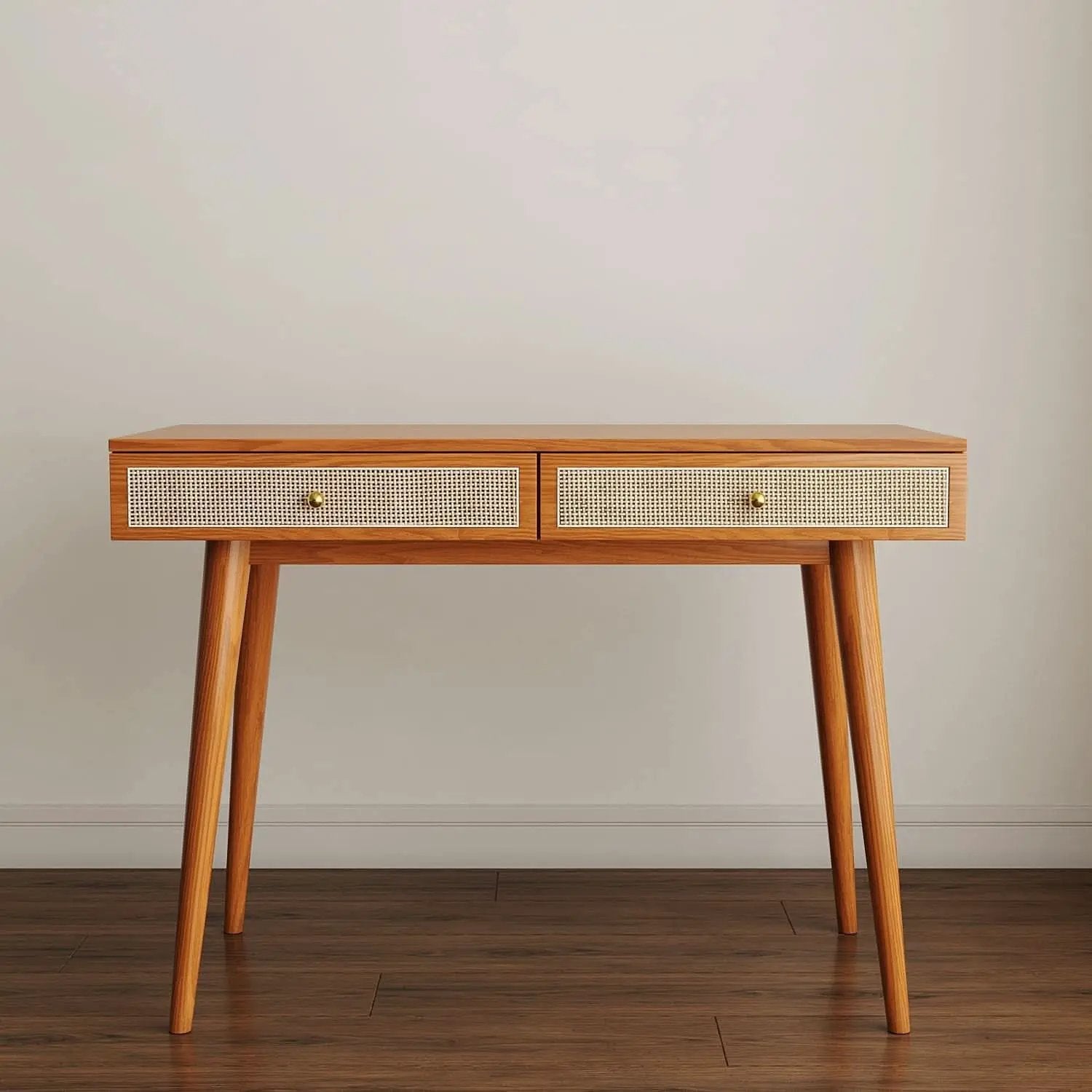 Mid Century Modern Solid Wood Desk With Drawers 45 Inch Rattan Writing Desk from PriceLows™