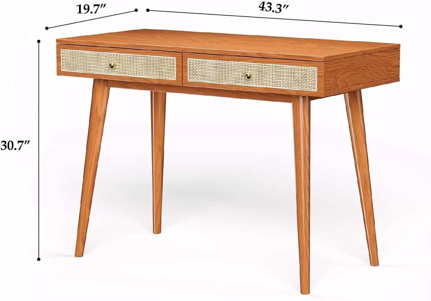 Mid Century Modern Solid Wood Desk With Drawers 45 Inch Rattan Writing Desk from PriceLows™