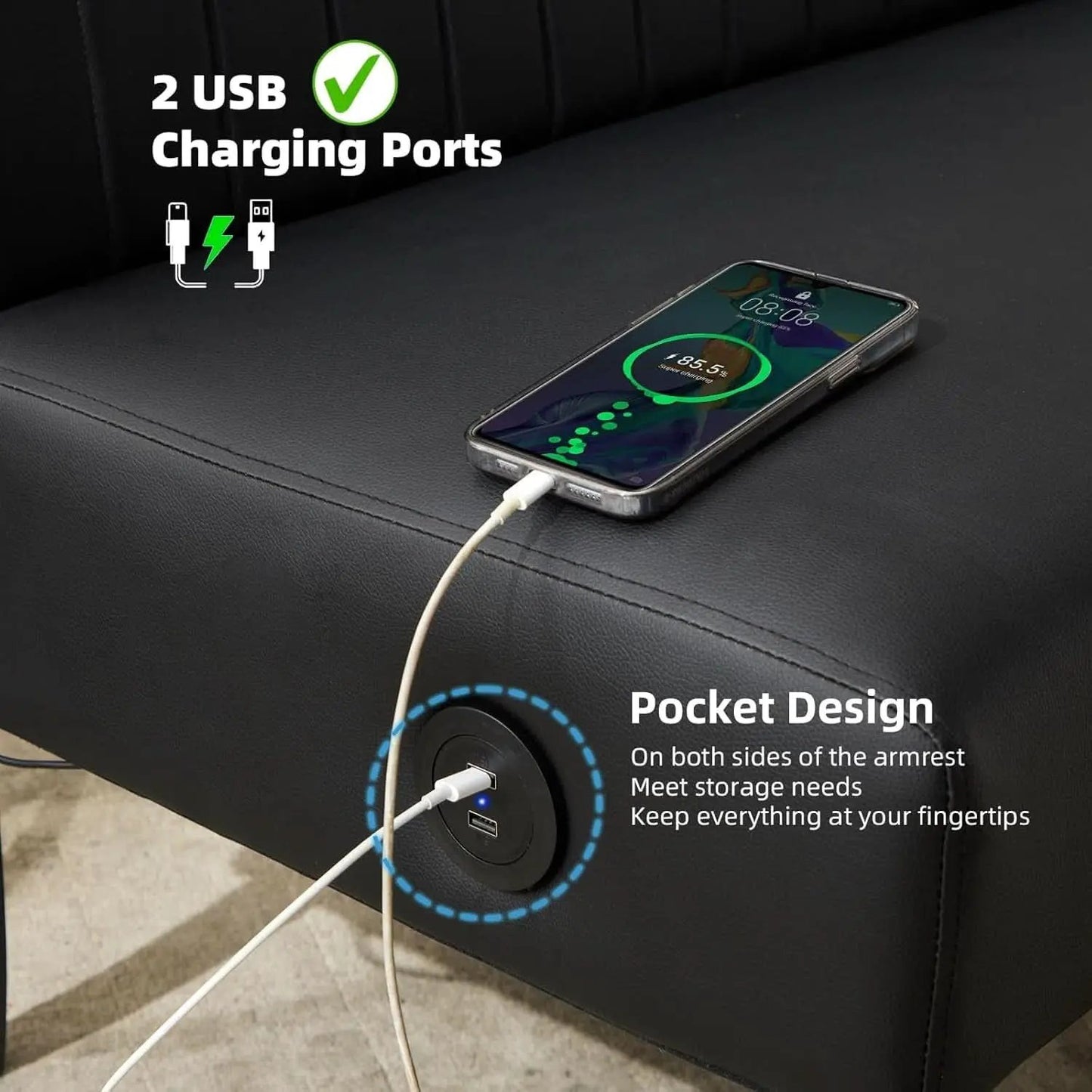 Mini Black Leather Loveseat Sofa with USB Ports from PriceLows™
