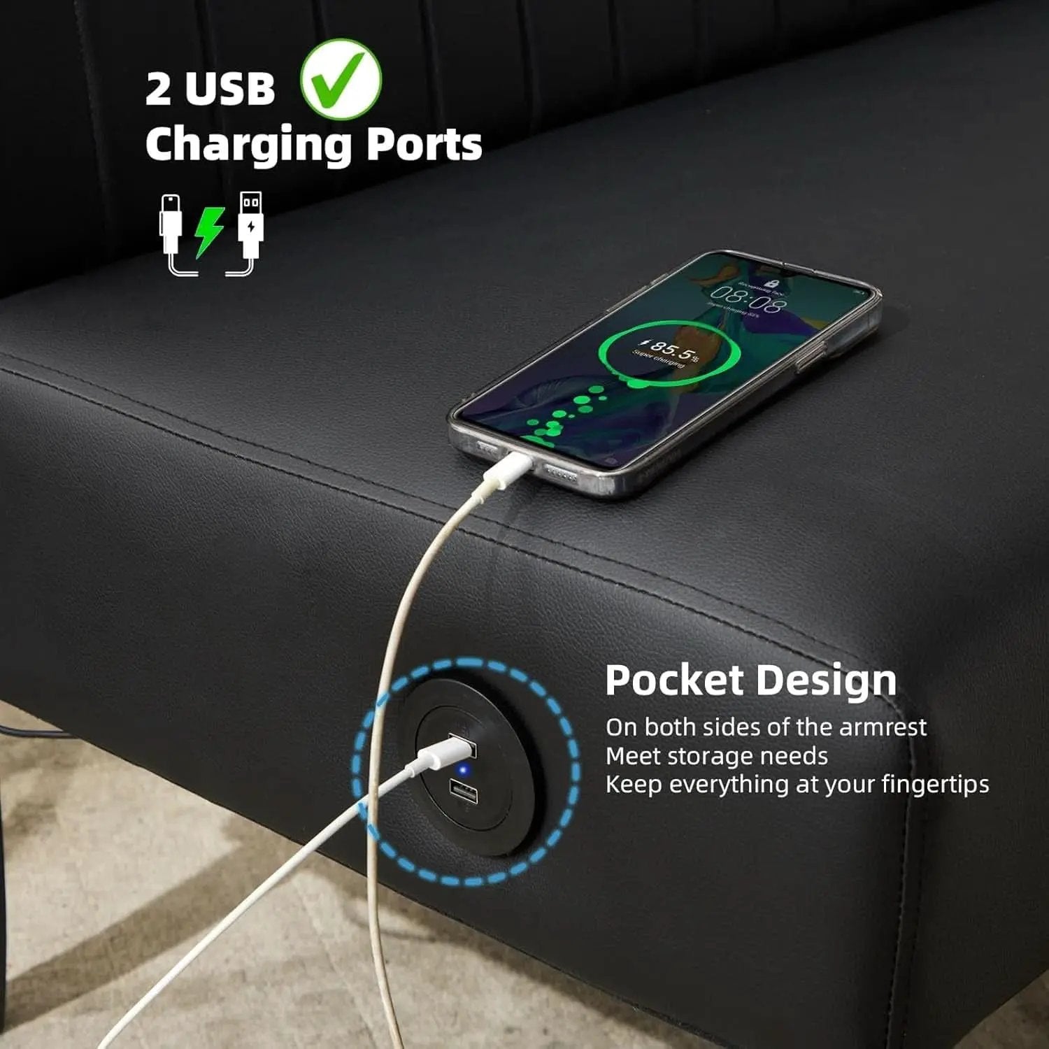 Mini Black Leather Loveseat Sofa with USB Ports from PriceLows™