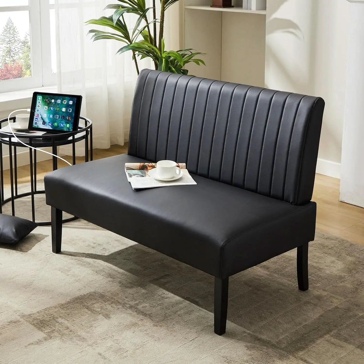 Mini Black Leather Loveseat Sofa with USB Ports from PriceLows™