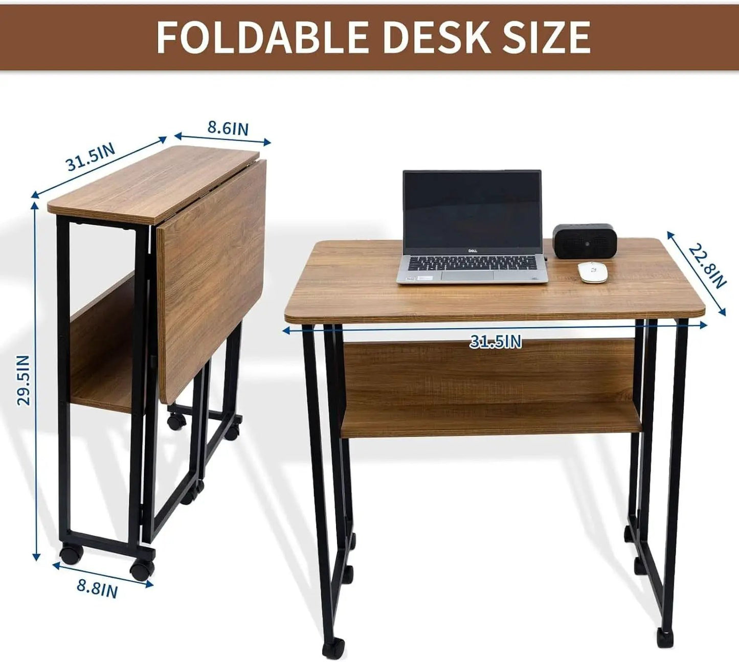 Brown Foldable Computer Desk With Wheels And Storage For Home Office from PriceLows™