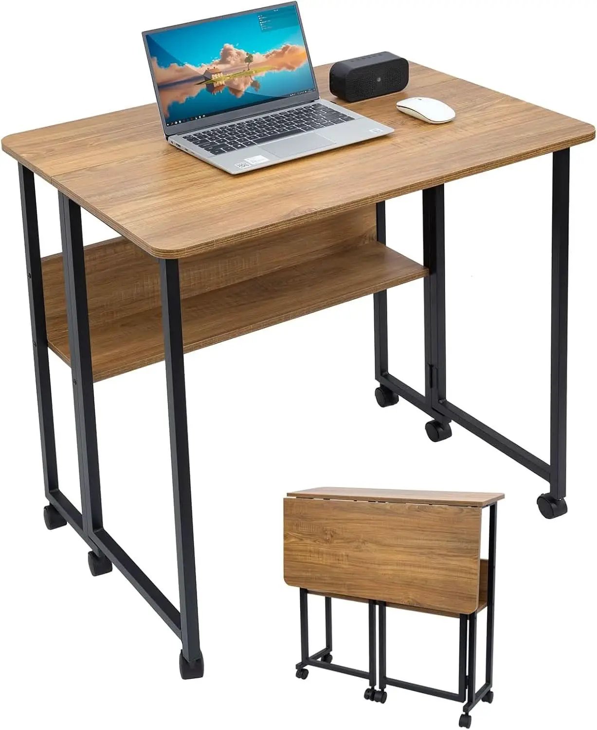 Brown Foldable Computer Desk With Wheels And Storage For Home Office from PriceLows™