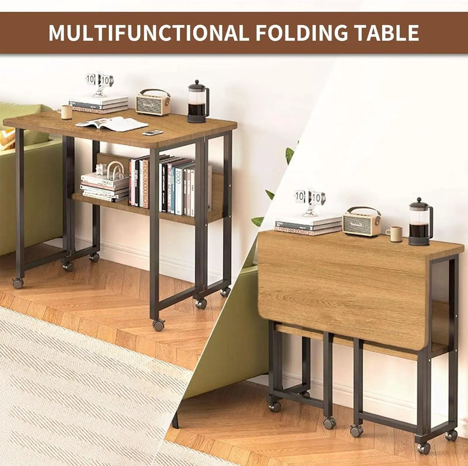 Brown Foldable Computer Desk With Wheels And Storage For Home Office from PriceLows™