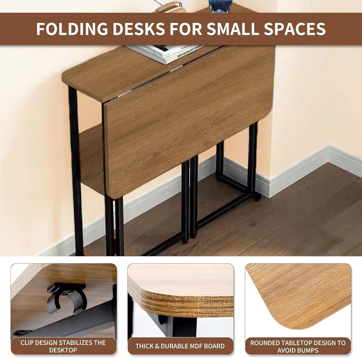 Brown Foldable Computer Desk With Wheels And Storage For Home Office from PriceLows™