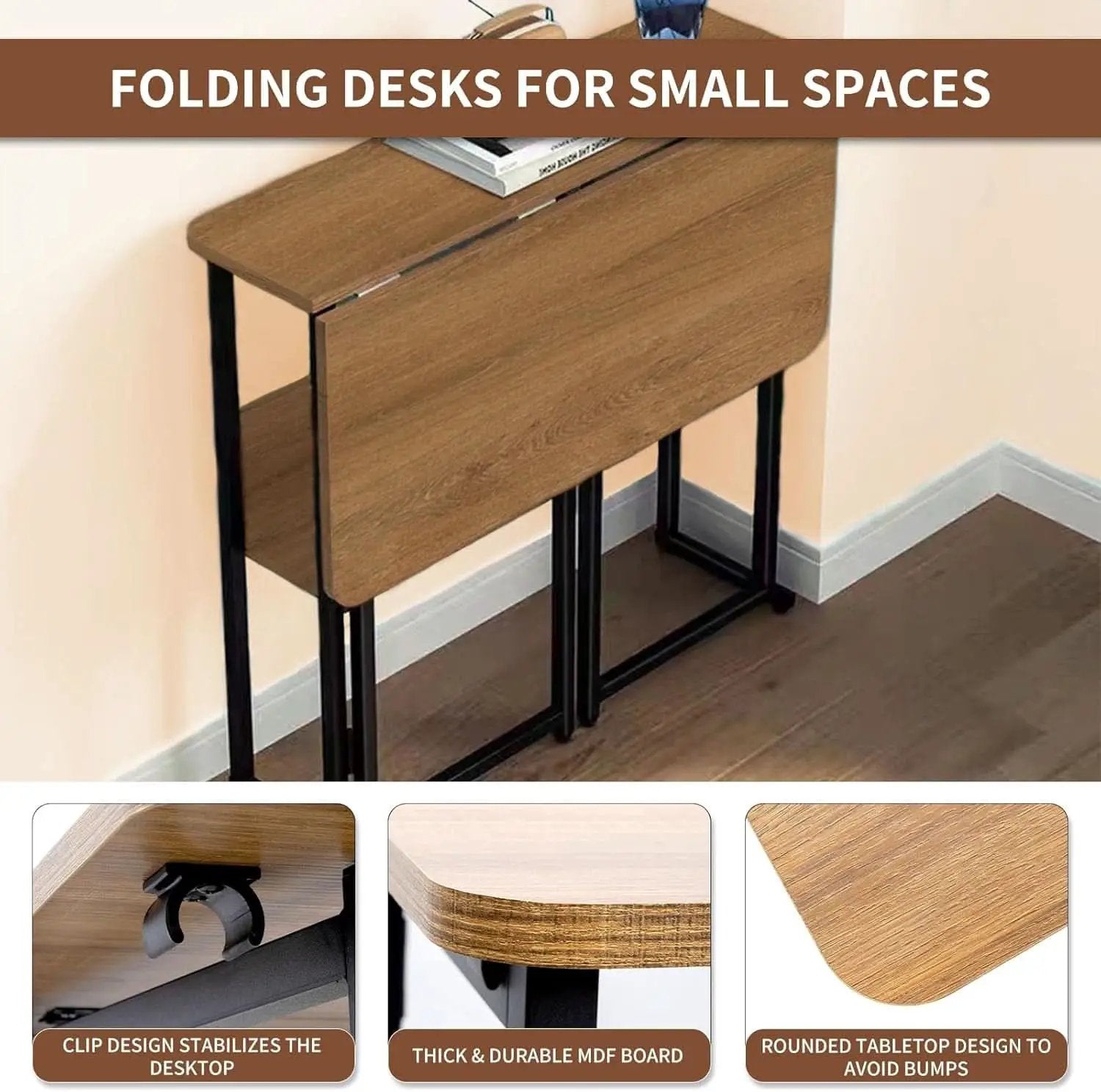 Brown Foldable Computer Desk With Wheels And Storage For Home Office from PriceLows™