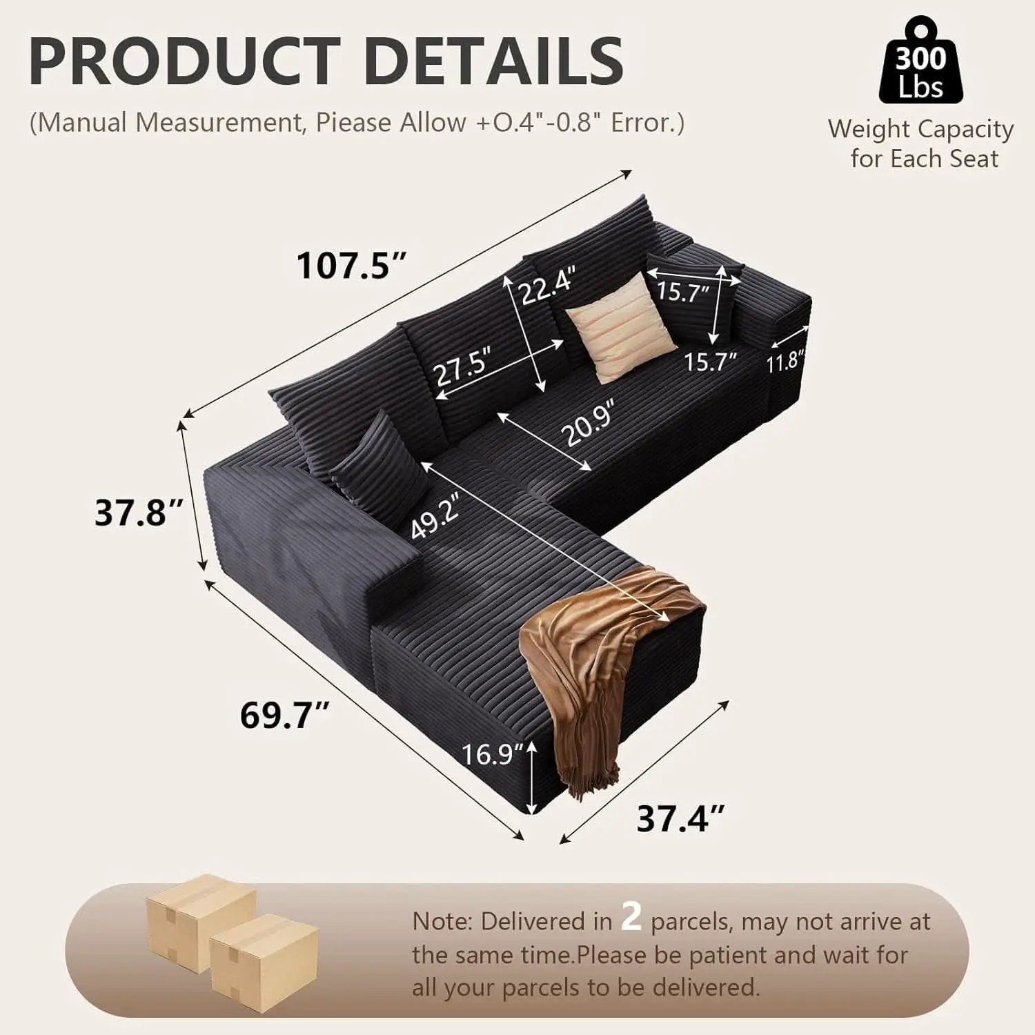 Modern 107 Inch Cloud Sectional Couch with Chaise from PriceLows™