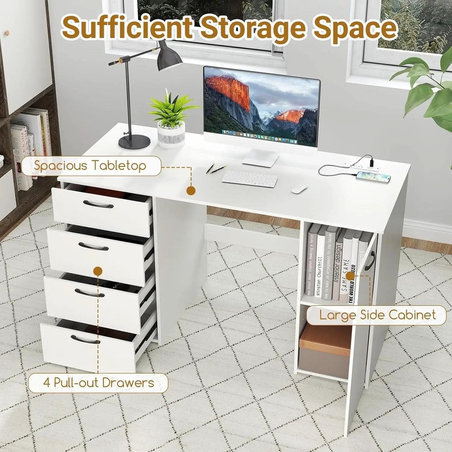 Modern 53 Inch White Computer Desk with Charging Station from PriceLows™