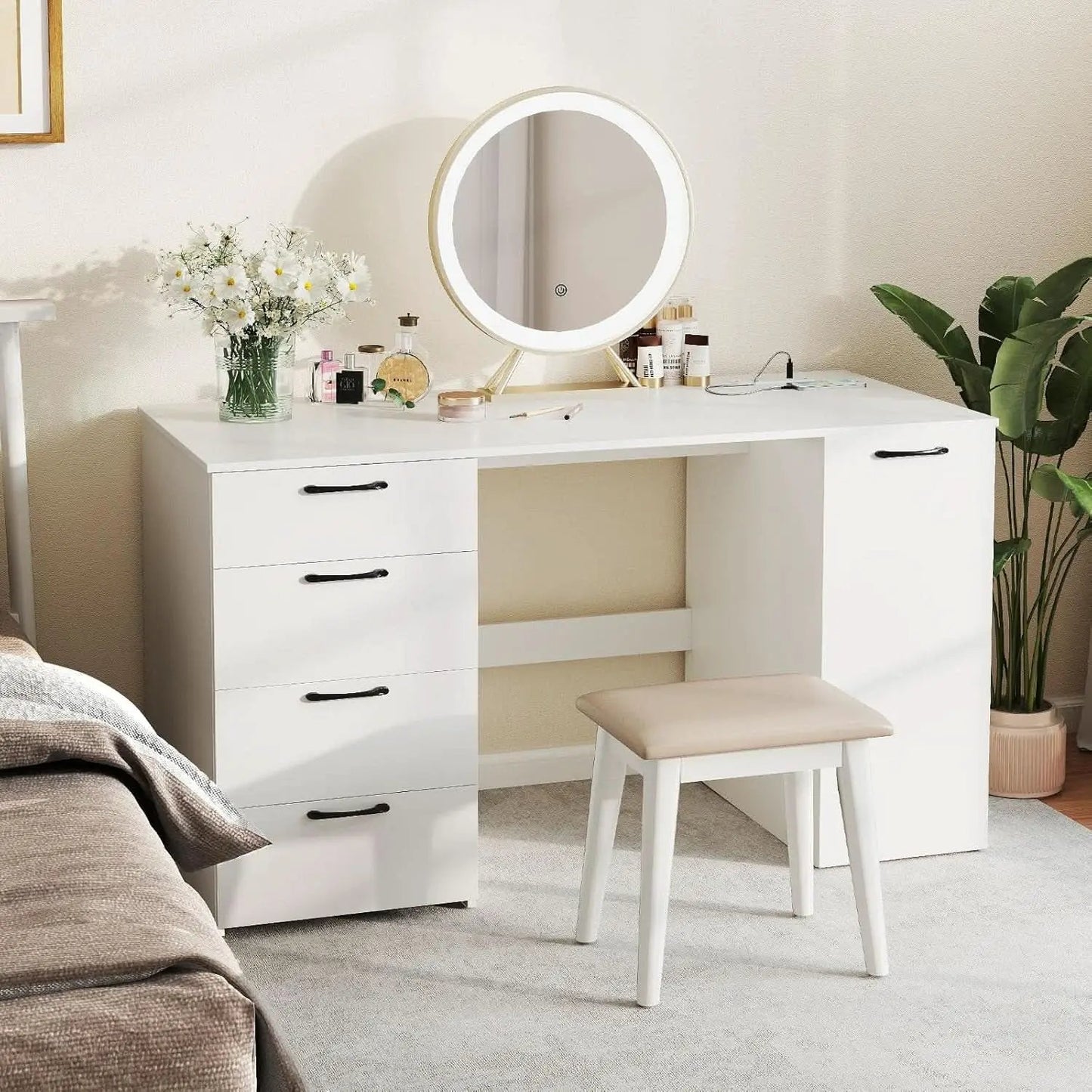 Modern 53 Inch White Computer Desk with Charging Station from PriceLows™