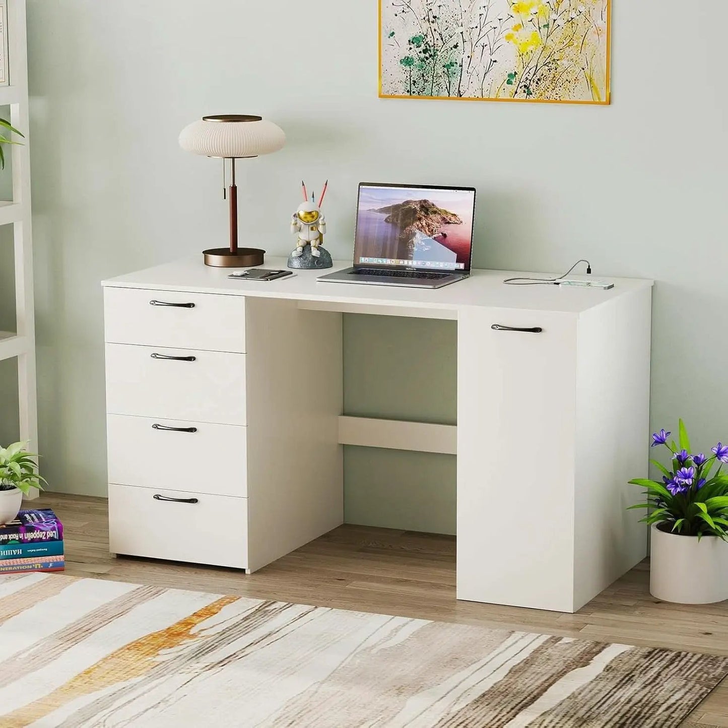 Modern 53 Inch White Computer Desk with Charging Station from PriceLows™