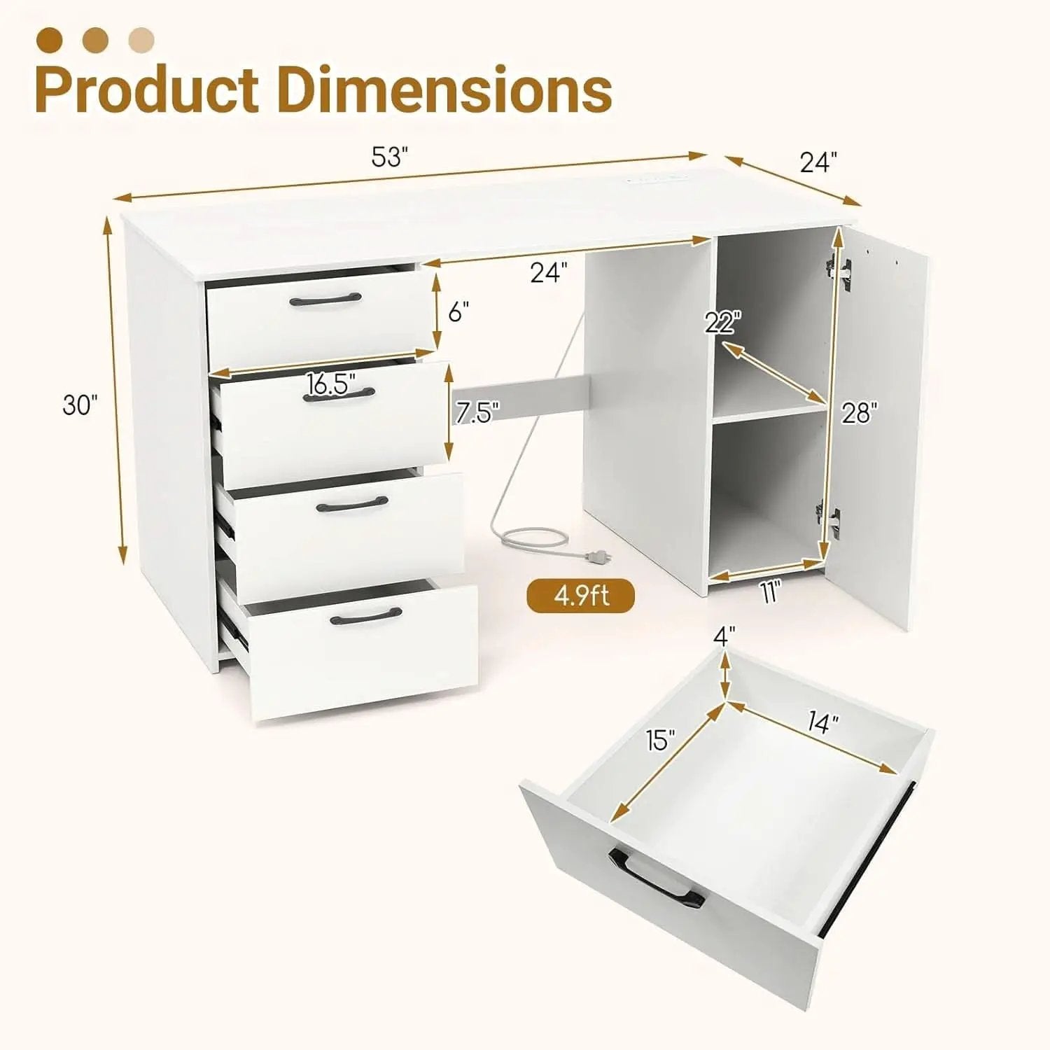 Modern 53 Inch White Computer Desk with Charging Station from PriceLows™