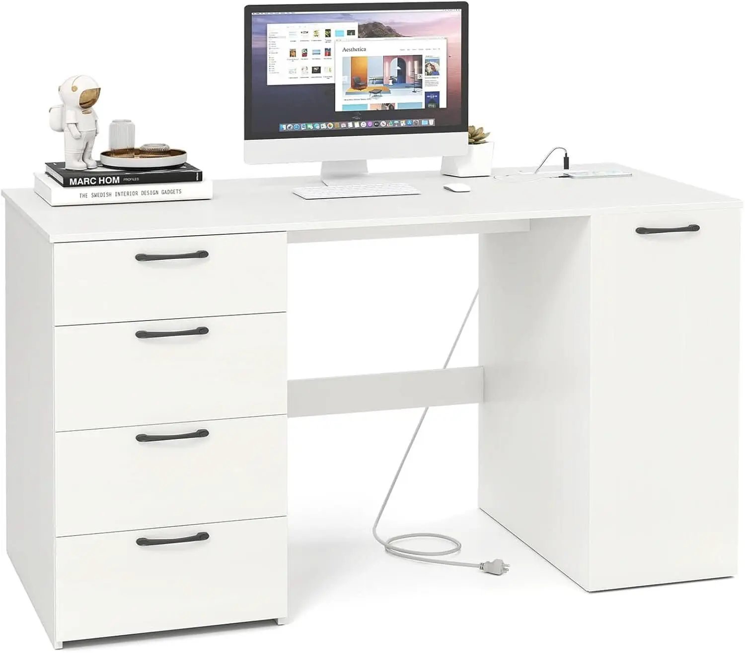 Modern 53 Inch White Computer Desk with Charging Station from PriceLows™