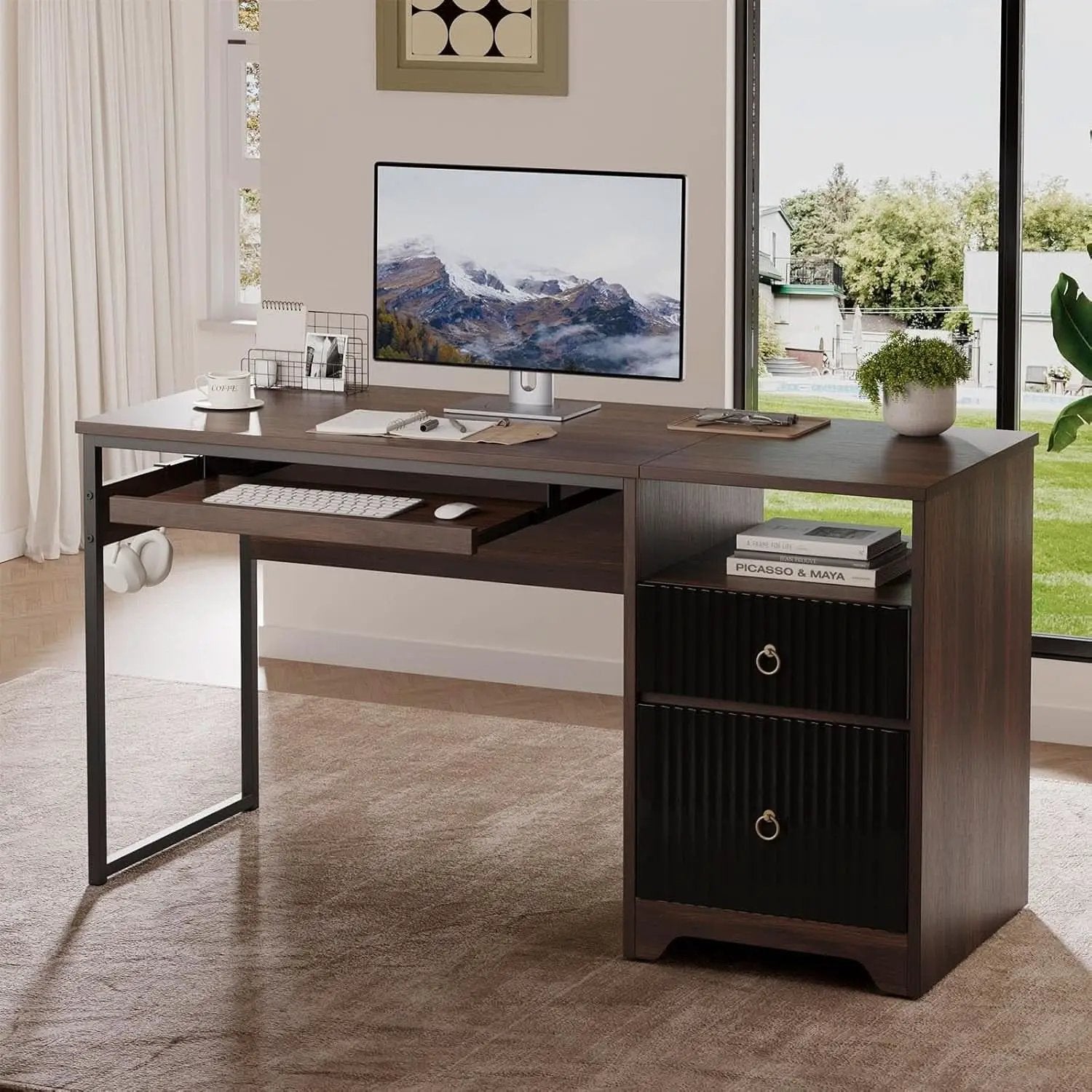 Modern 55 Inch Computer Desk with Storage and Tray from PriceLows™