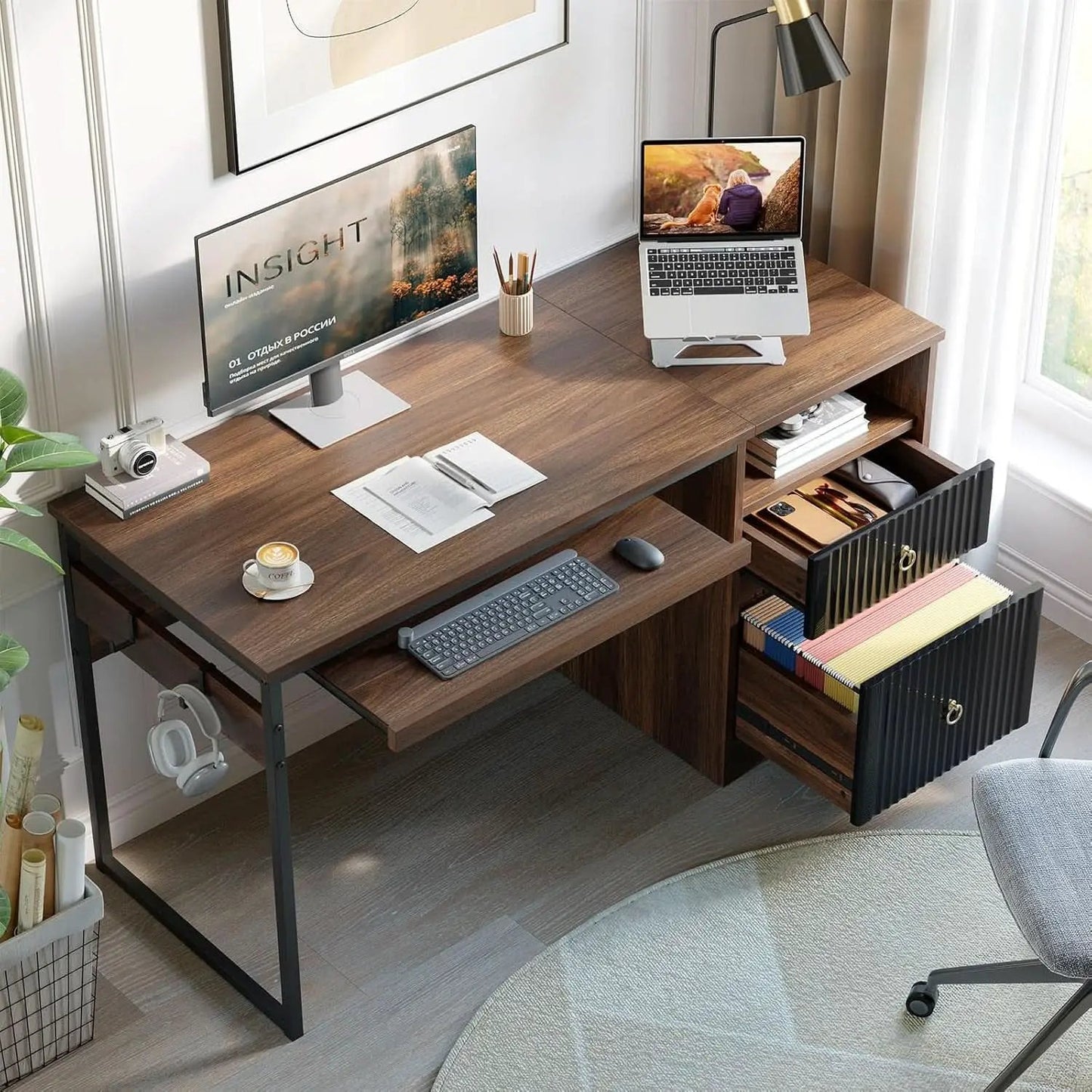 Modern 55 Inch Computer Desk with Storage and Tray from PriceLows™