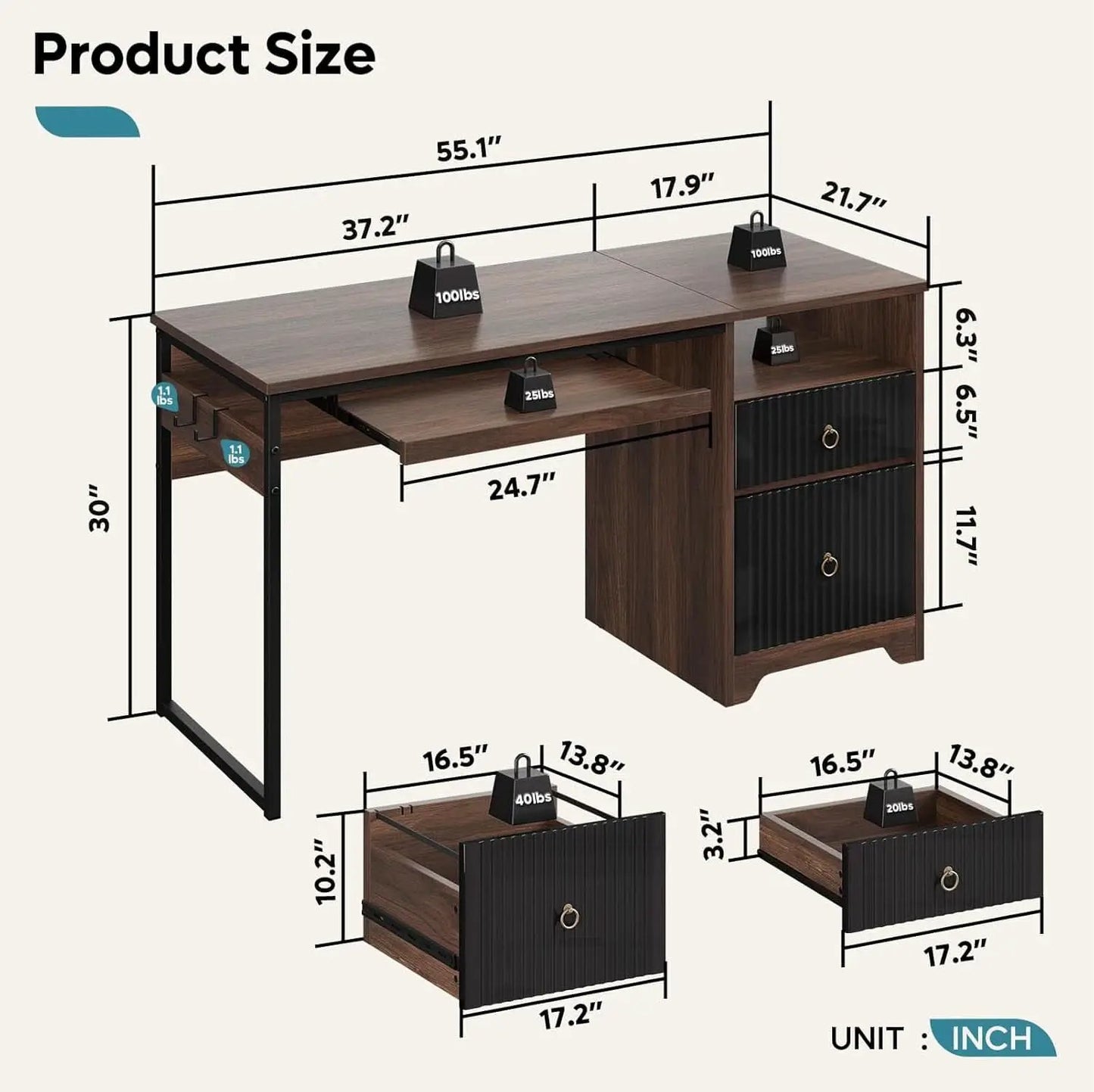 Modern 55 Inch Computer Desk with Storage and Tray from PriceLows™