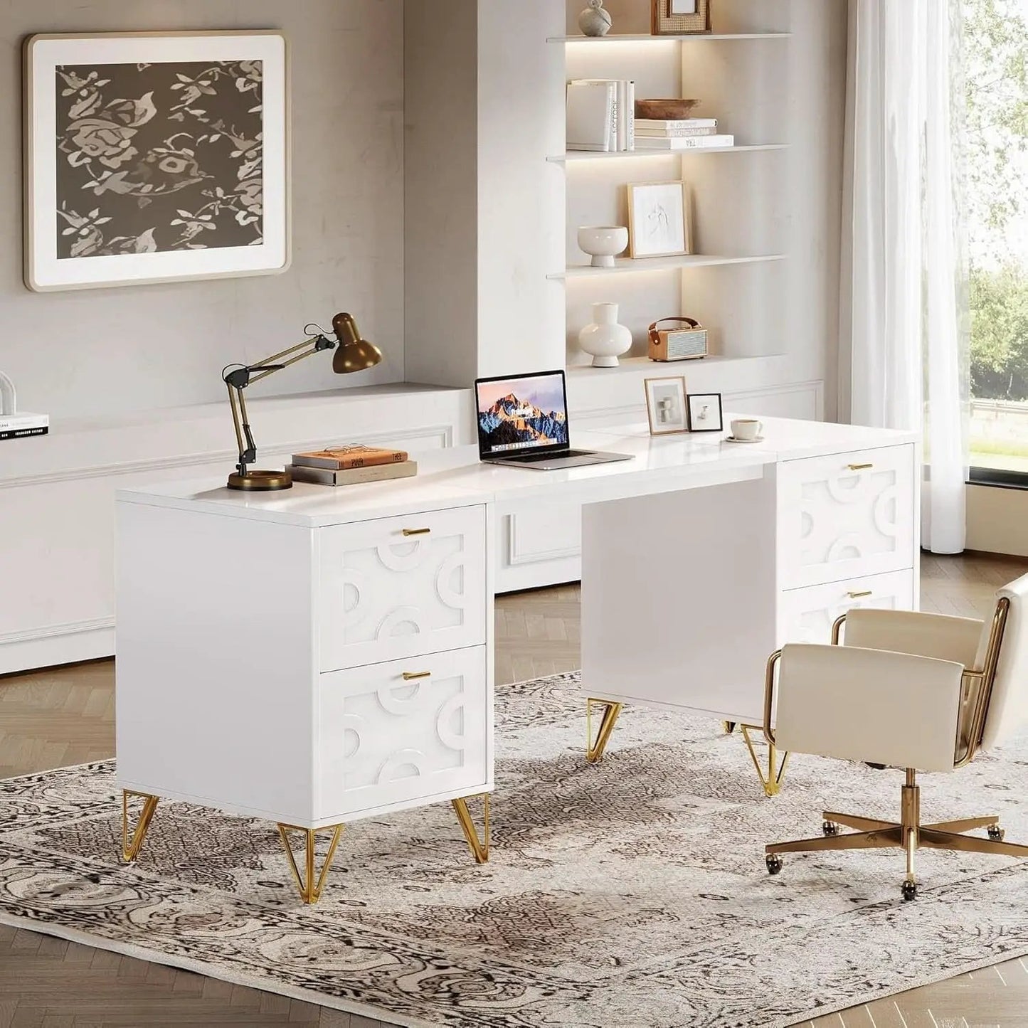 Modern 59 Inch White Executive Computer Desk with Drawers from PriceLows™
