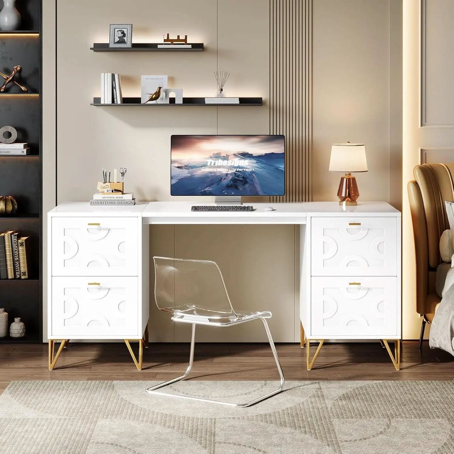 Modern 59 Inch White Executive Computer Desk with Drawers from PriceLows™