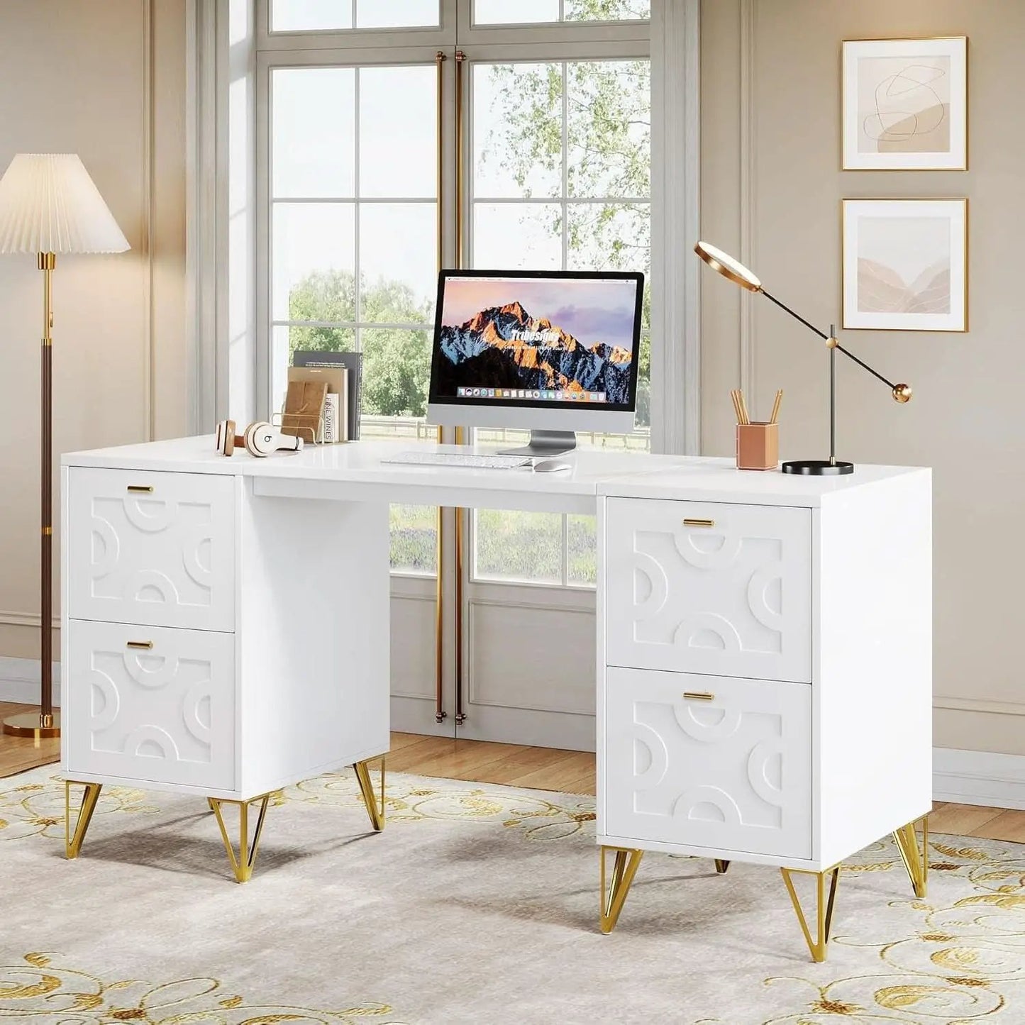 Modern 59 Inch White Executive Computer Desk with Drawers from PriceLows™