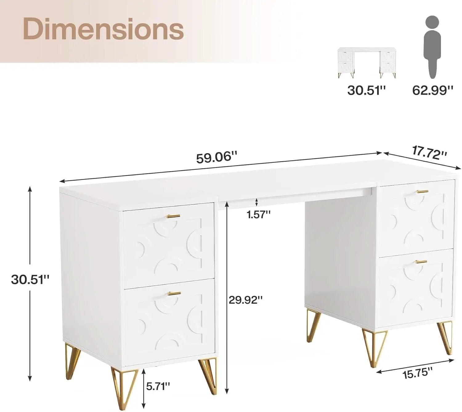 Modern 59 Inch White Executive Computer Desk with Drawers from PriceLows™