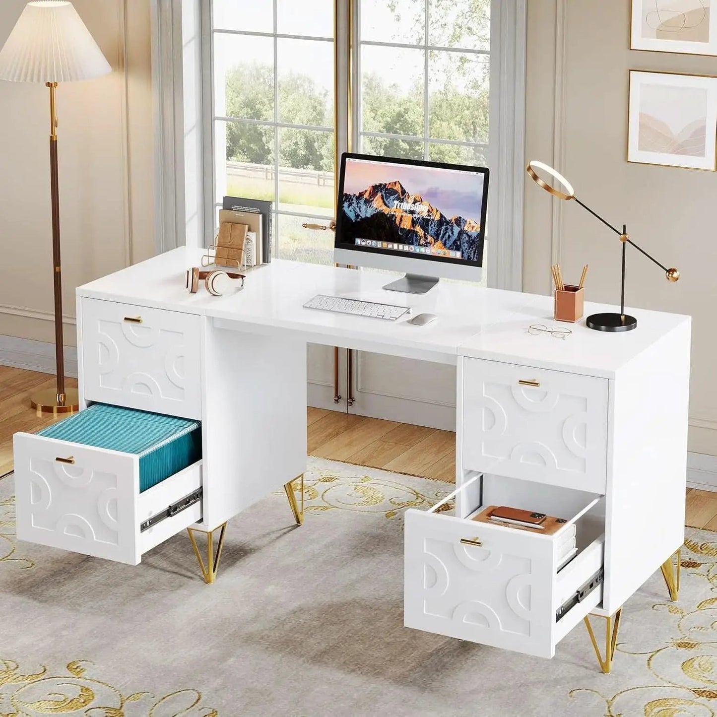 Modern 59 Inch White Executive Computer Desk with Drawers from PriceLows™