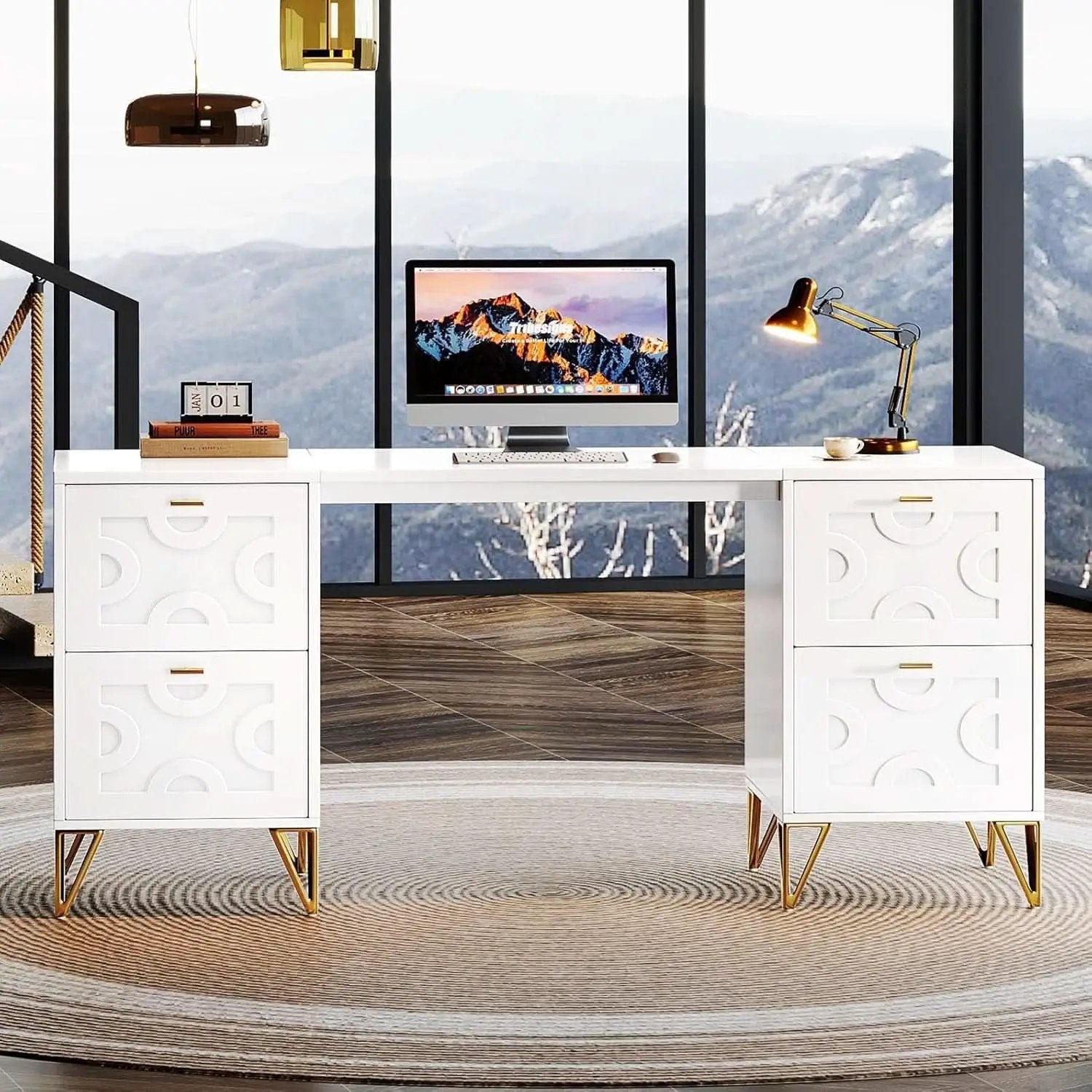Modern 59 Inch White Executive Computer Desk with Drawers from PriceLows™