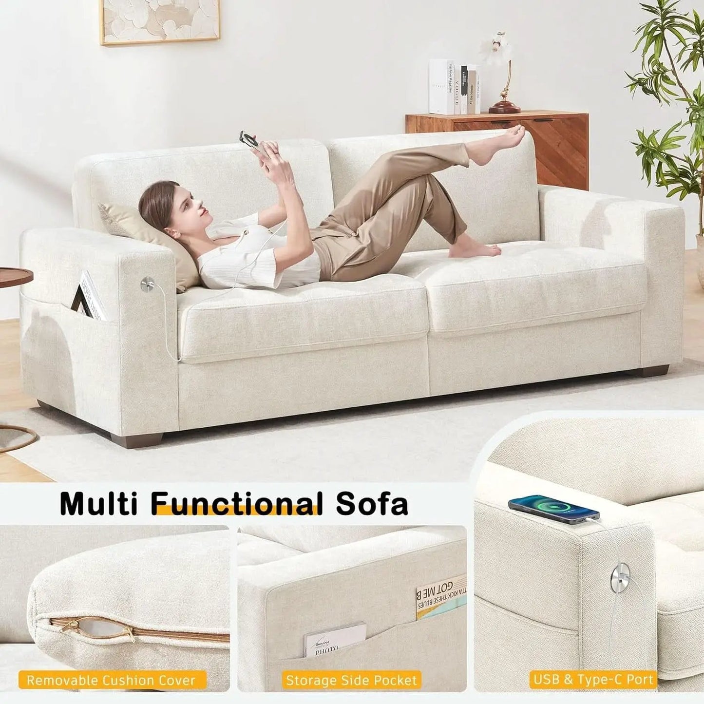 Modern 89 Inch Sofa with USB Ports and Removable Cover from PriceLows™