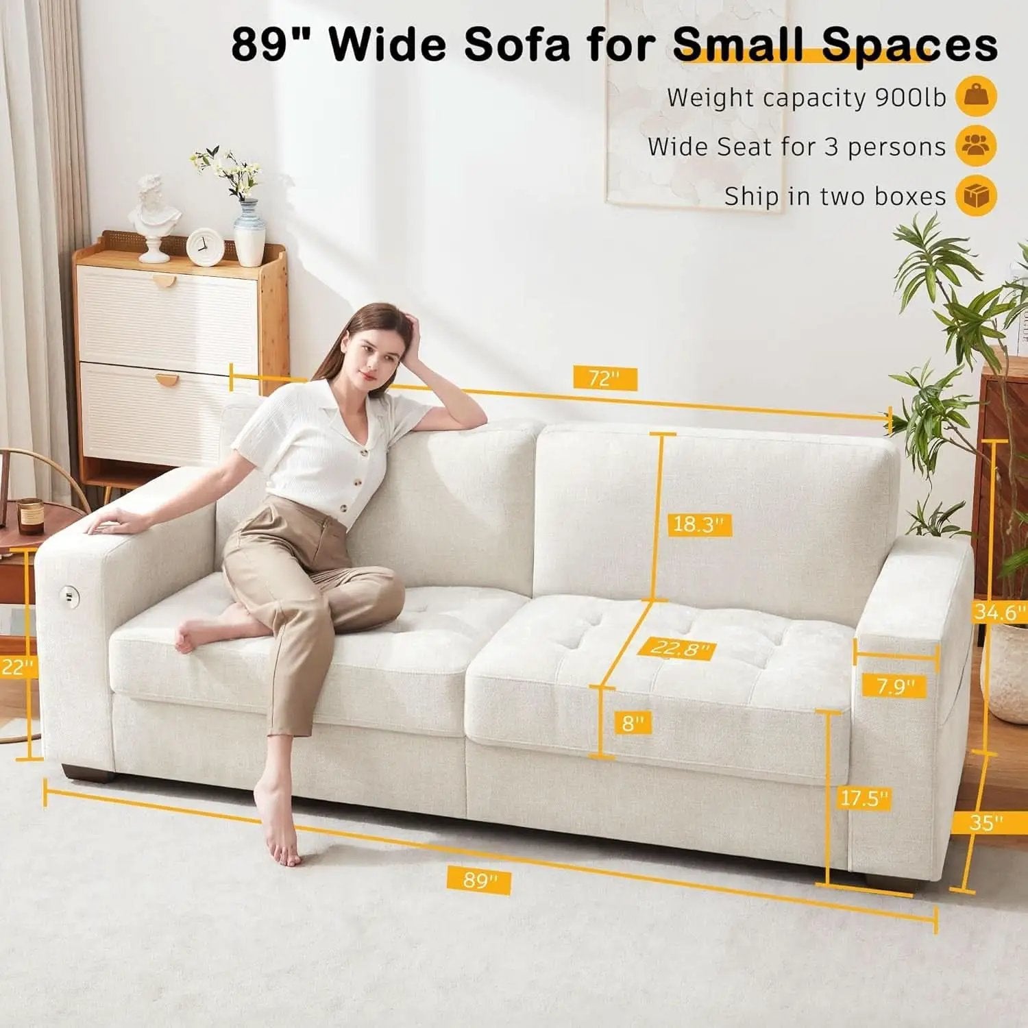 Modern 89 Inch Sofa with USB Ports and Removable Cover from PriceLows™