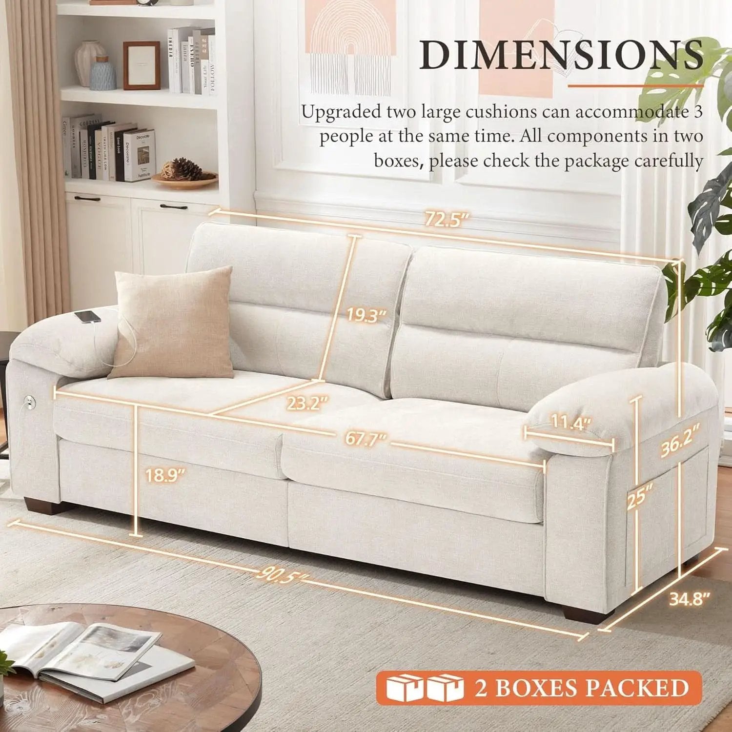 Modern 90.5 Inch Chenille Sofa With USB Charging from PriceLows™