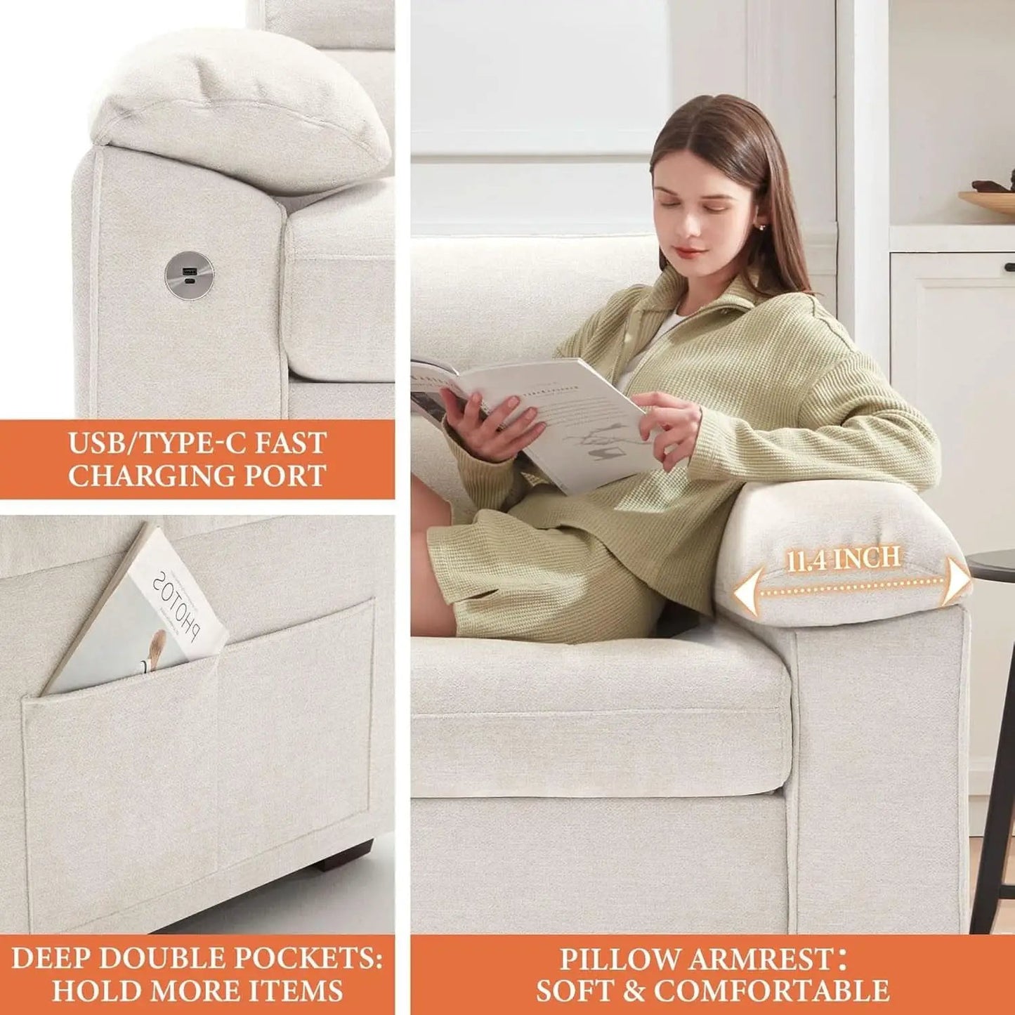 Modern 90.5 Inch Chenille Sofa With USB Charging from PriceLows™