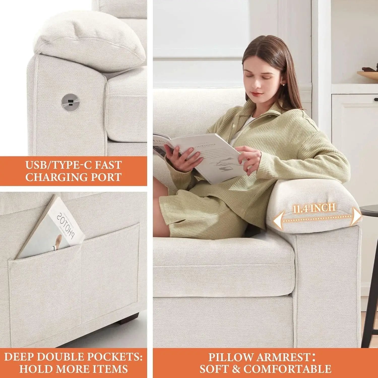 Modern 90.5 Inch Chenille Sofa With USB Charging from PriceLows™