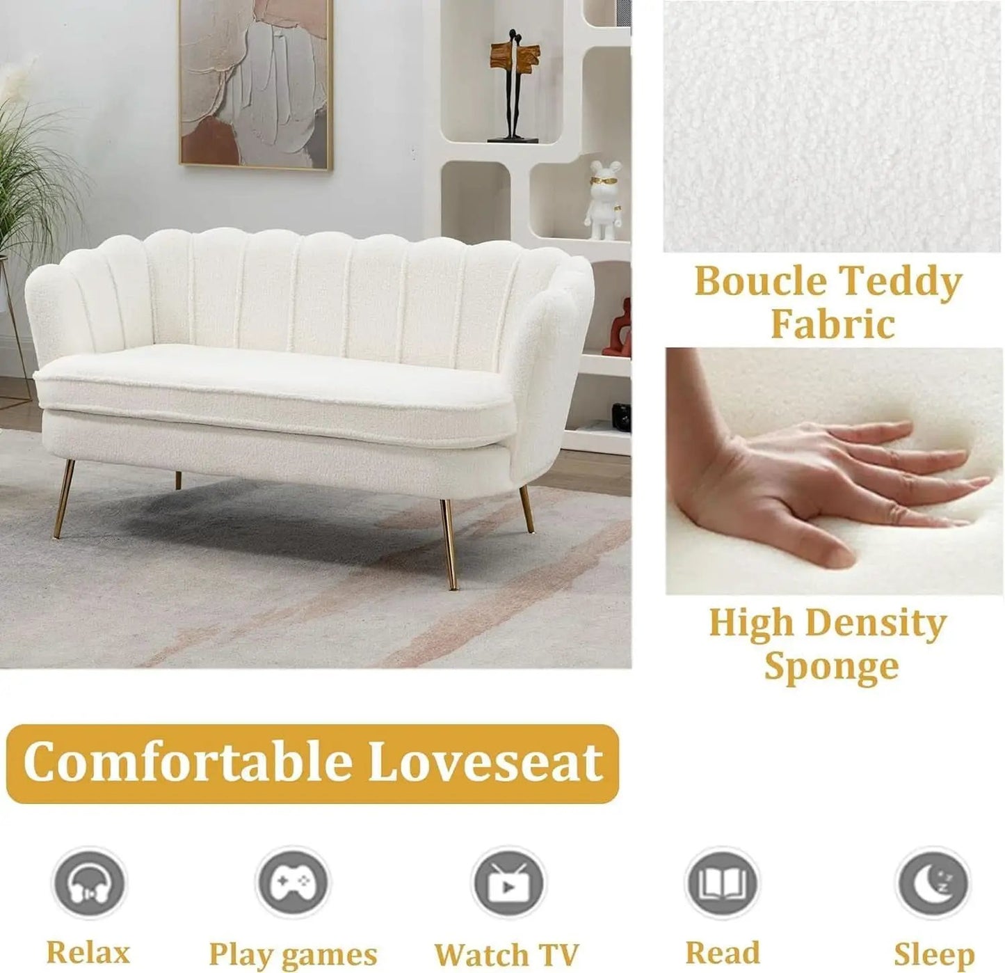 Modern Boucle Loveseat Sofa with Gold Legs for Small Spaces from PriceLows™