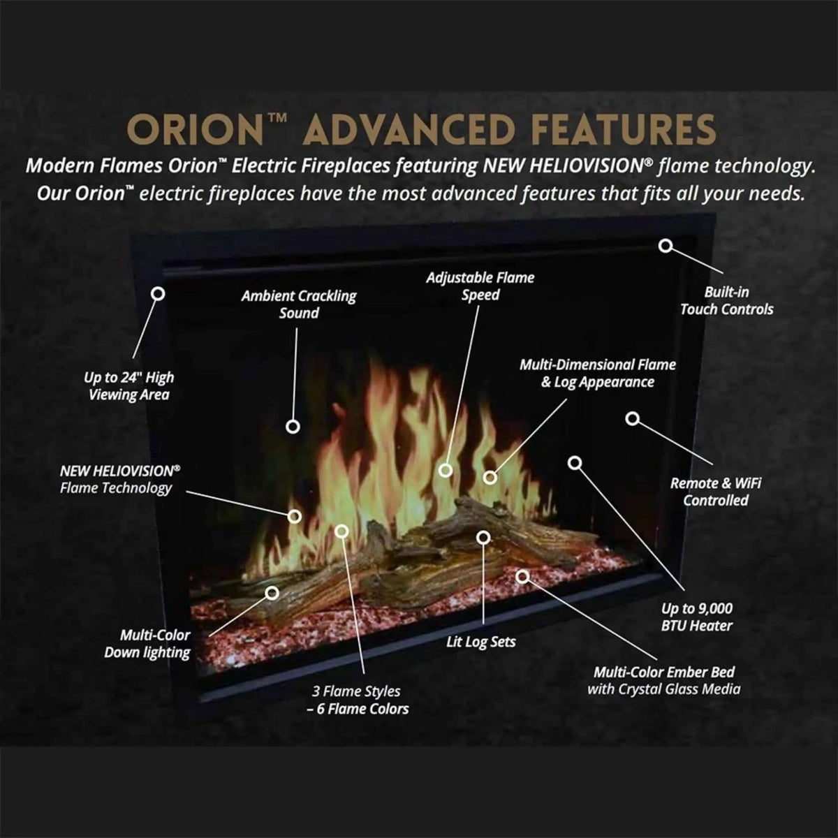 Modern Flames Orion Traditional 42-Inch Heliovision Electric Fireplace | 42 Inch | Ceramic | Living Room