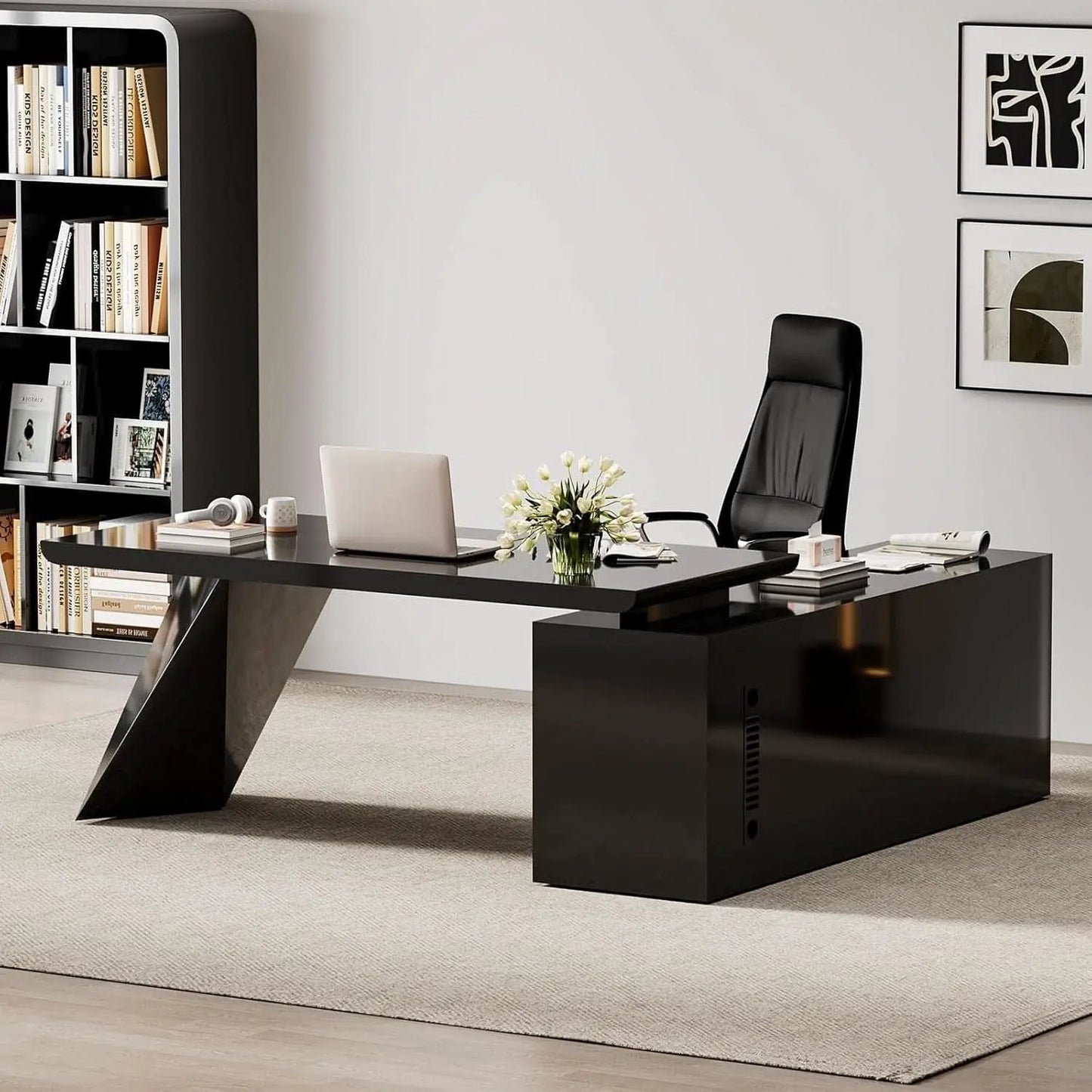 Modern L Shape Executive Desk With Drawers And Cabinet from PriceLows™