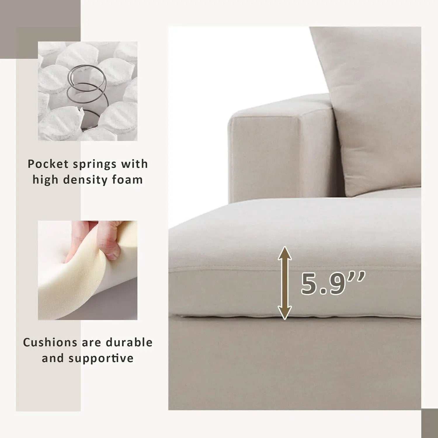 Modern L Shaped Beige Cloud Sofa With Convertible Ottoman from PriceLows™