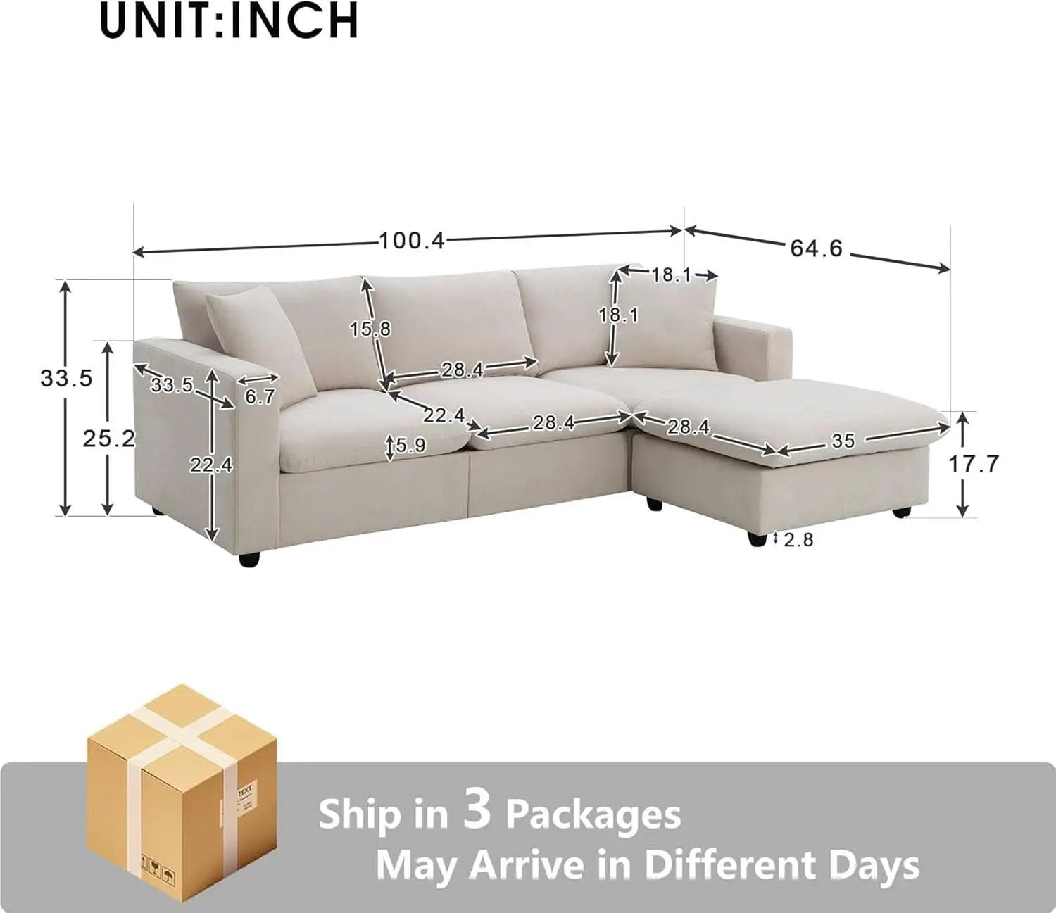 Modern L Shaped Beige Cloud Sofa With Convertible Ottoman from PriceLows™