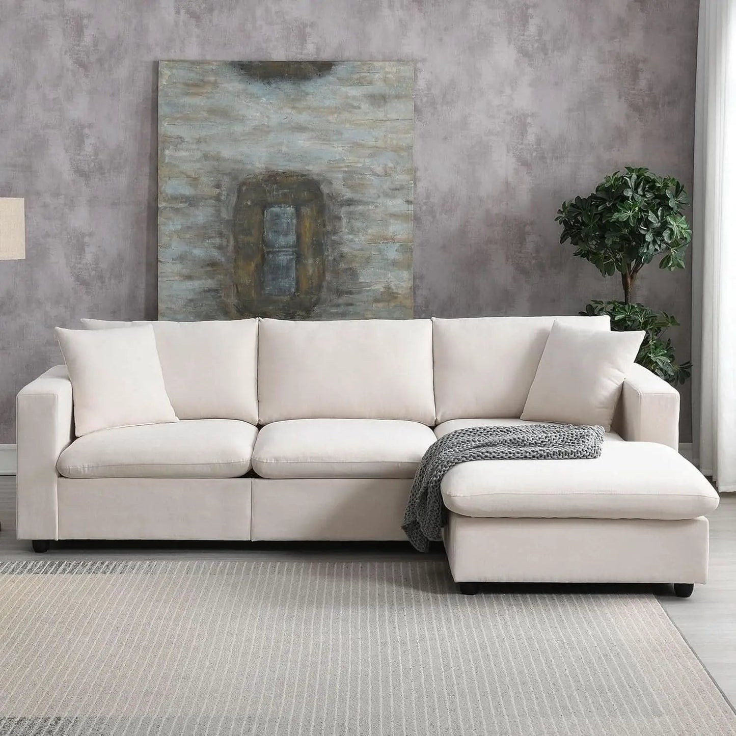 Modern L Shaped Beige Cloud Sofa With Convertible Ottoman from PriceLows™