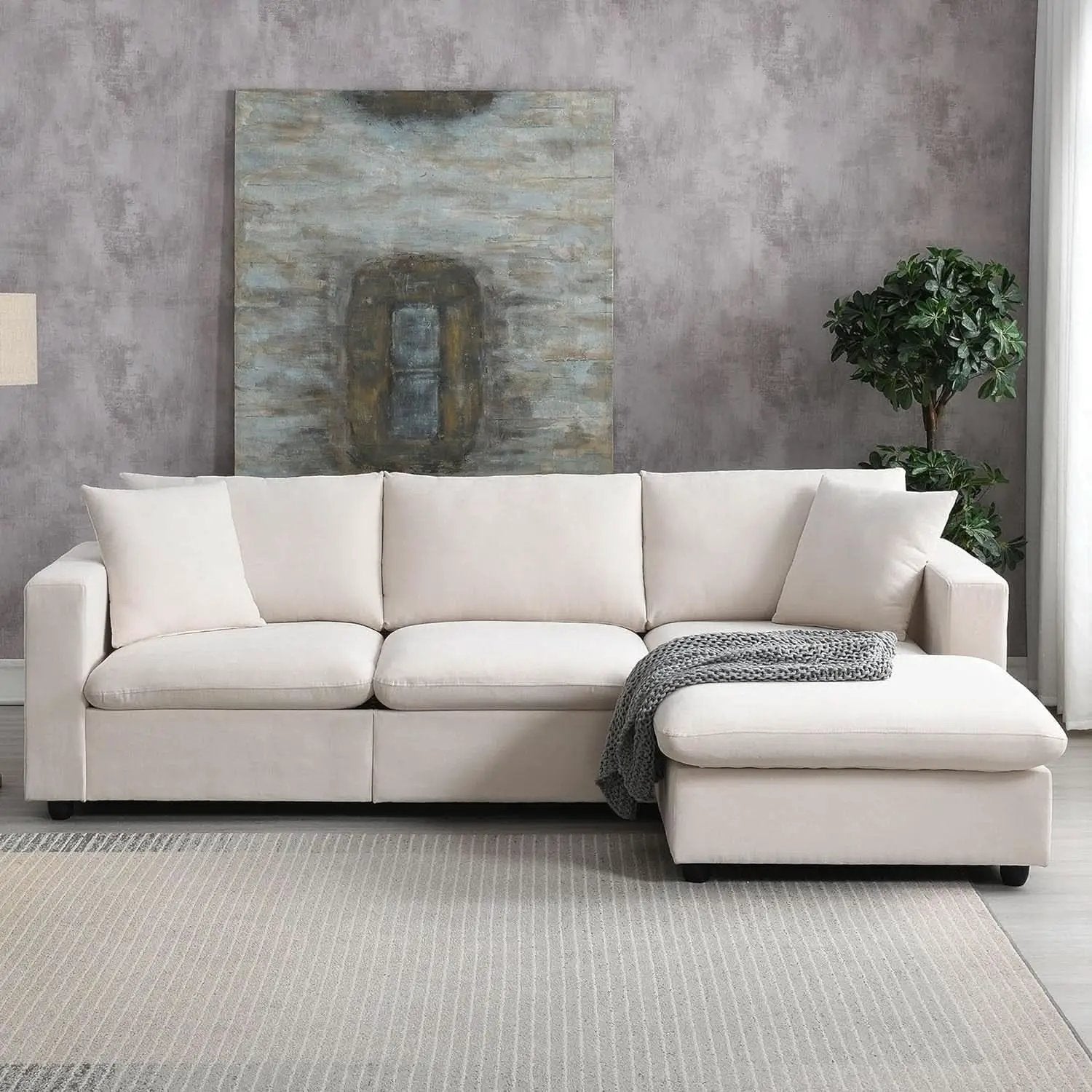 Modern L Shaped Beige Cloud Sofa With Convertible Ottoman from PriceLows™