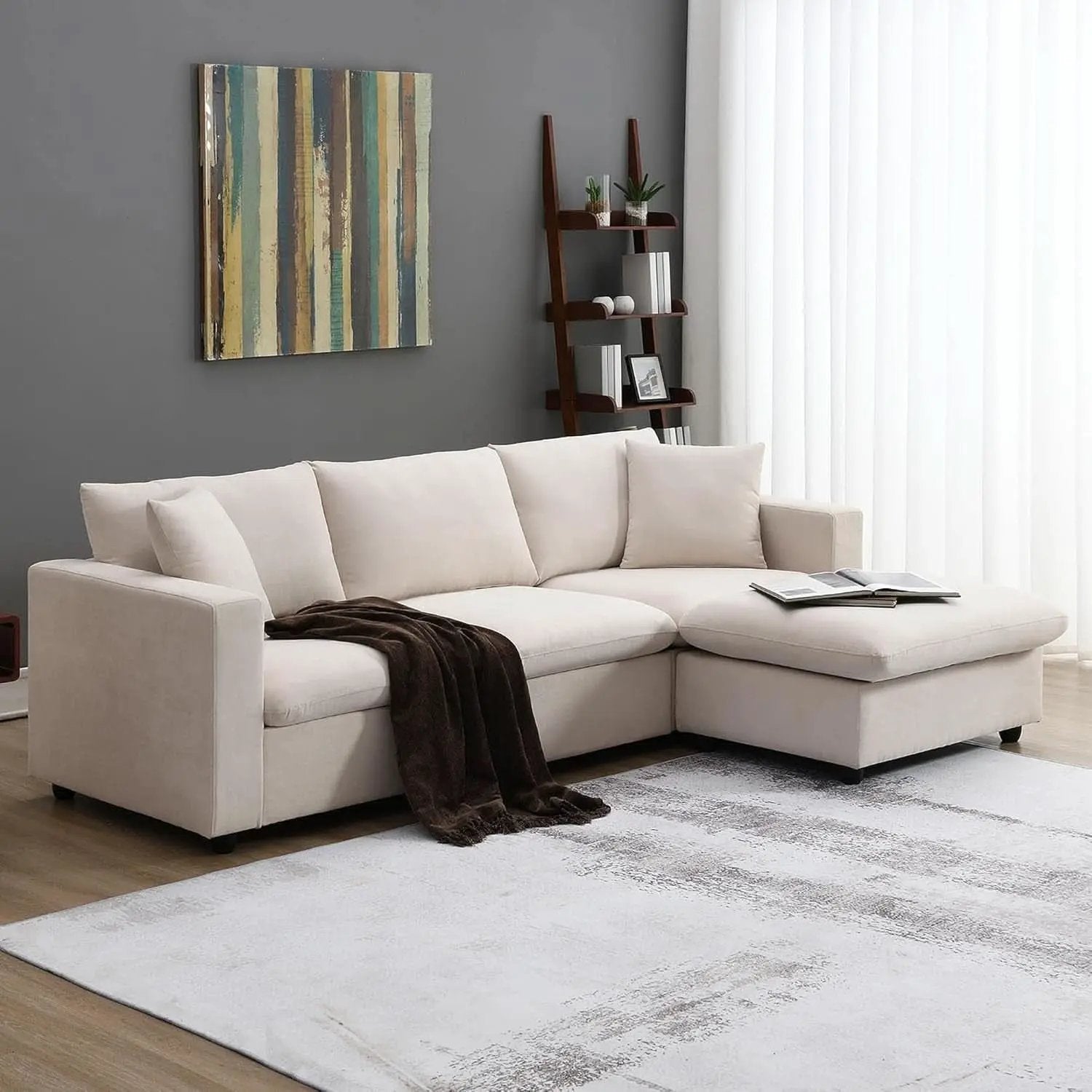 Modern L Shaped Beige Cloud Sofa With Convertible Ottoman from PriceLows™