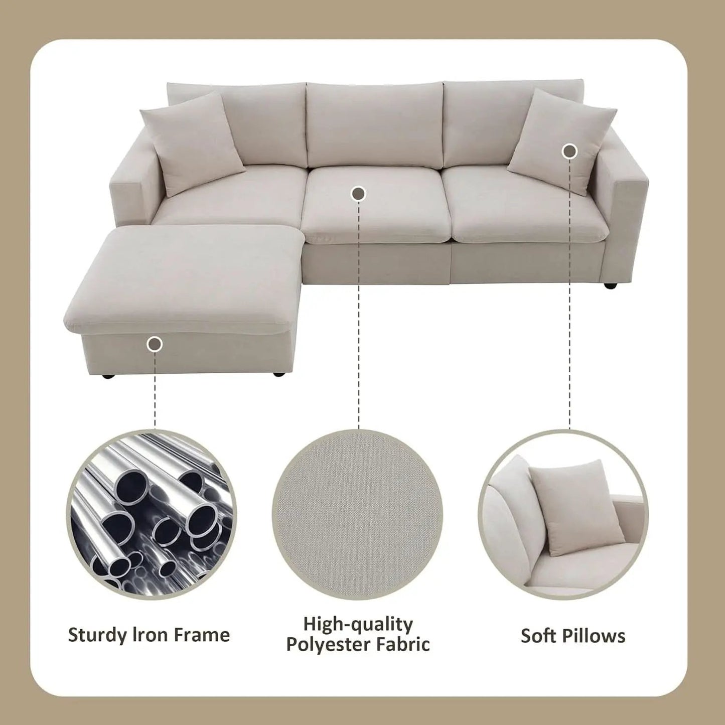 Modern L Shaped Beige Cloud Sofa With Convertible Ottoman from PriceLows™